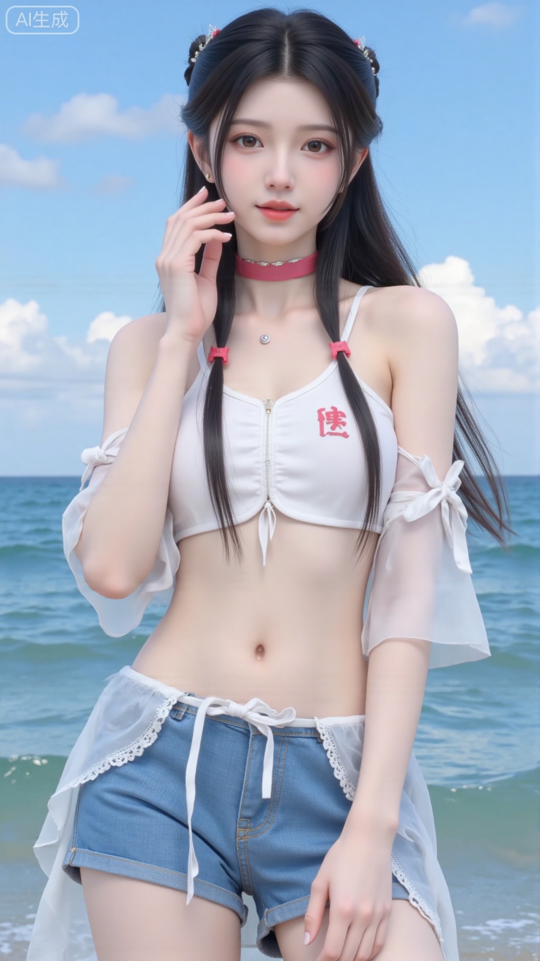 Korean girl, single, showing navel, long hair, thighs, wearing shirt, outdoors, looking at viewer, realistic style, with water and sky, daytime, fair thighs, white tube top, short top, sea, lips, blue sky, short sleeves, smile, clouds, dark eyes, big eyes Eyes, plump breasts, plump breasts, chest, looking at the audience, looking at the screen, bare shoulders, collarbone, standing in the sea, (((upper body red short-sleeved, short top)), (((wearing a translucent The white gauze skirt and blue swimming trunks with the school team logo)) were soaked in the water and were soaked.