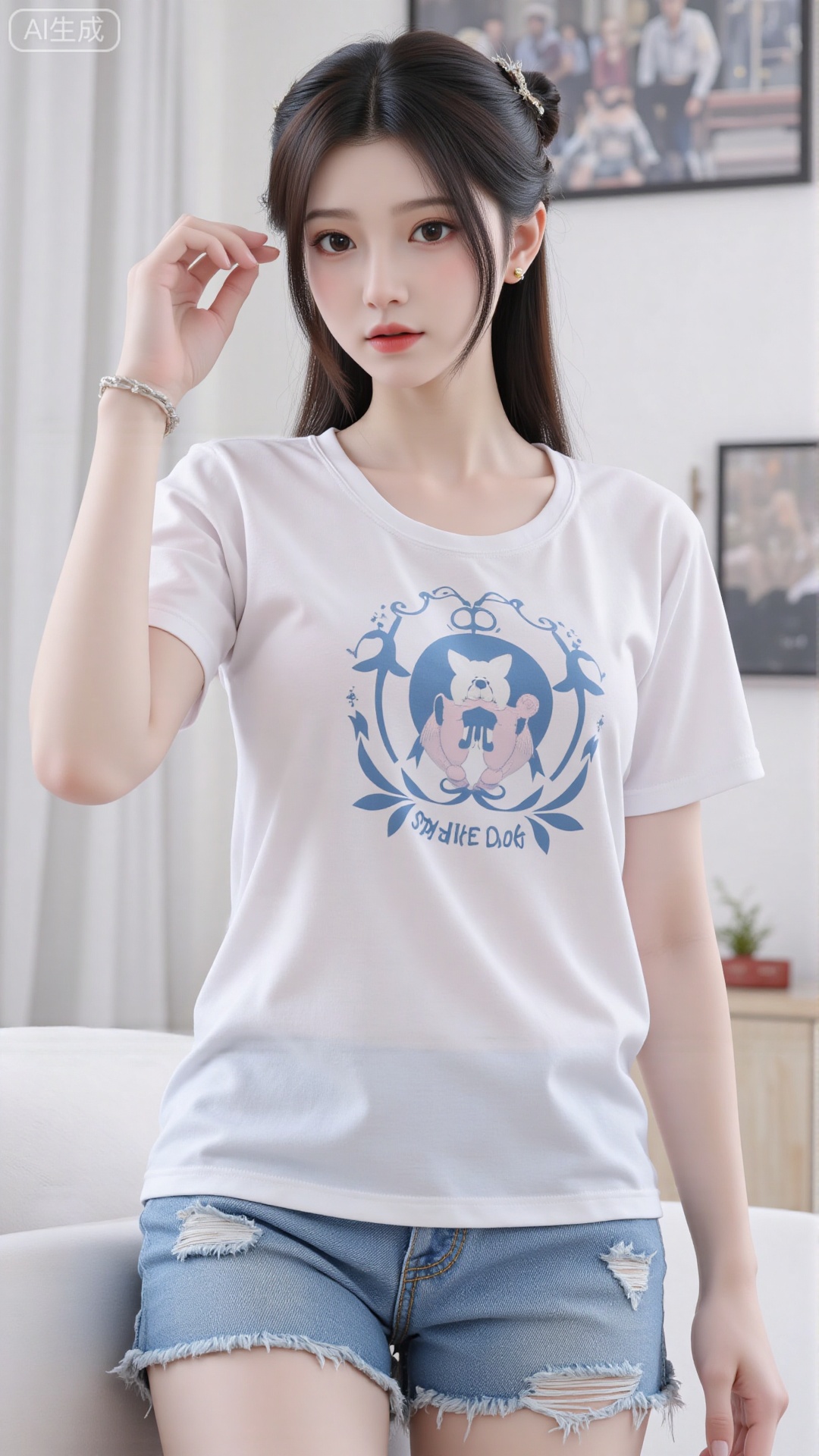 White t-shirt with ”Tim_Yi“ written on it, jeans shorts,1girl