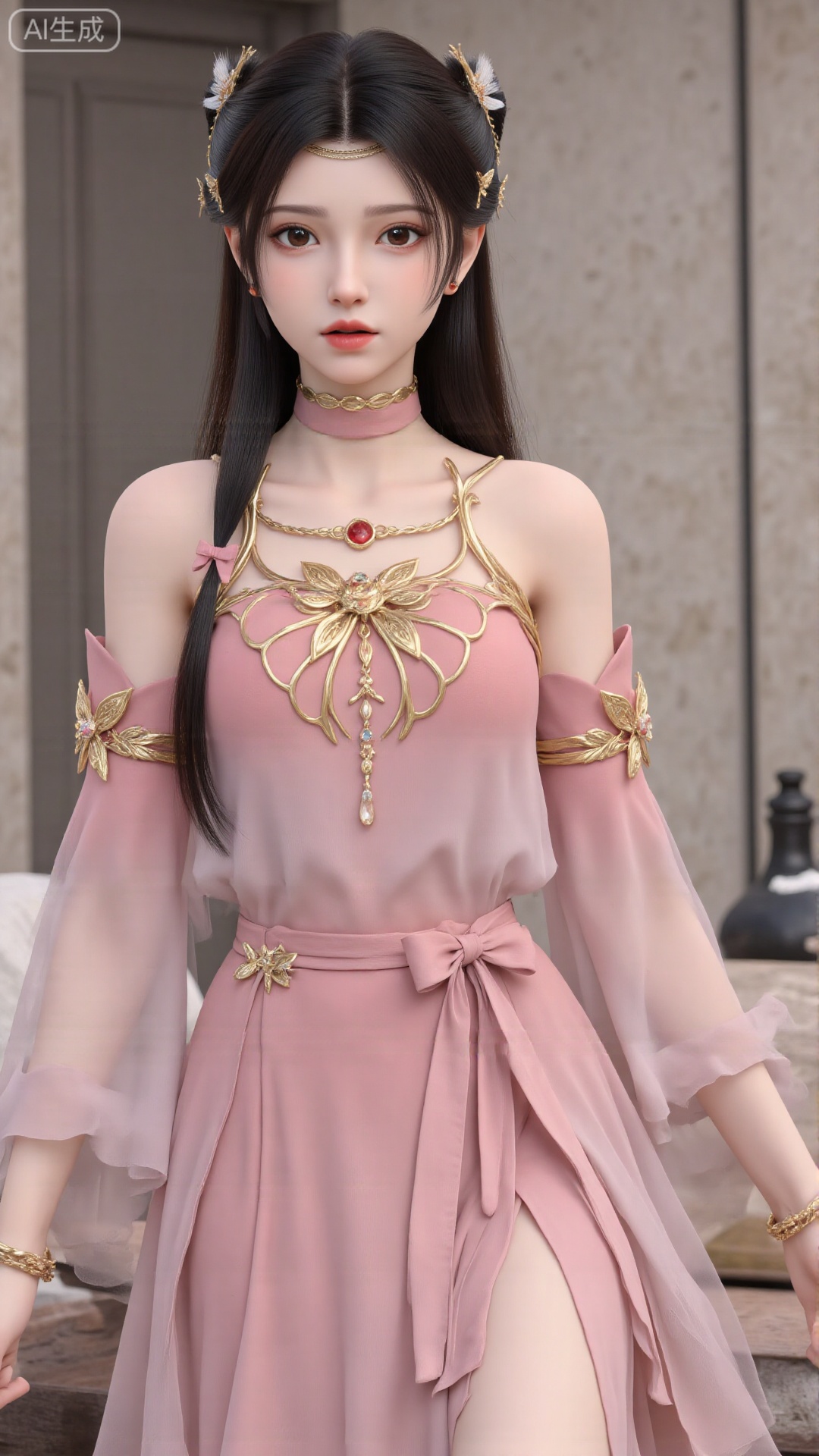 1girl, solo, dress, pink dress, hair ornament, long hair, jewelry, brown eyes, bracelet, flower, mischevious smile, perfect body, scenery, sharp focus, best quality, masterpiece, detailed outfit, illustration, perfect eyes, finely detailed beautiful anime eyes, realistic skin, intricate details, best lighting, depth of field, ultra high resolution,cowboy_shot