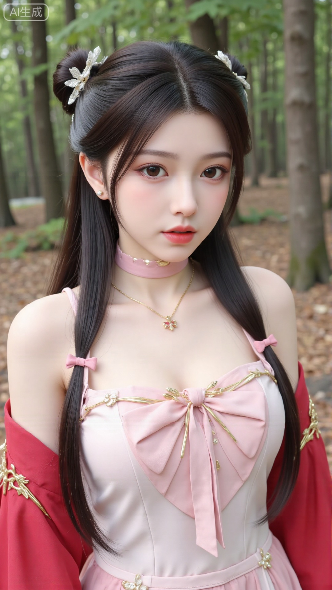 1girl,solo,jewelry,flower,hair flower,hair ornament,necklace,realistic,brown eyes,looking at viewer,dress,blurry background,twin braids,blurry,white dress,long hair,upper body,breasts,pink bow,red jacket,bare shoulders,lips,collarbone,outdoors,cleavage,large natural breast,soft breasts,huge Breasts