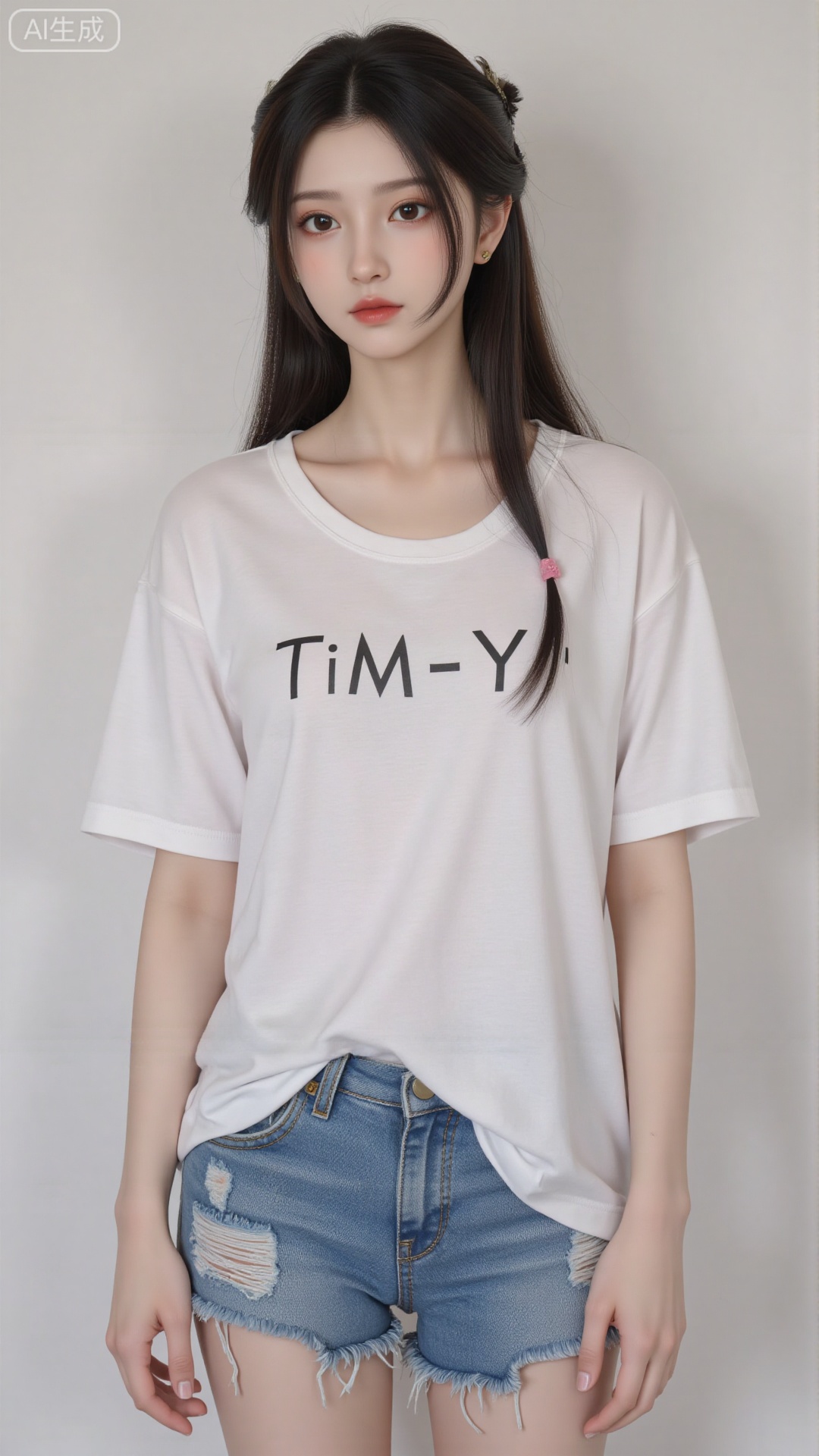White t-shirt with ”Tim_Yi“ written on it, jeans shorts,1girl