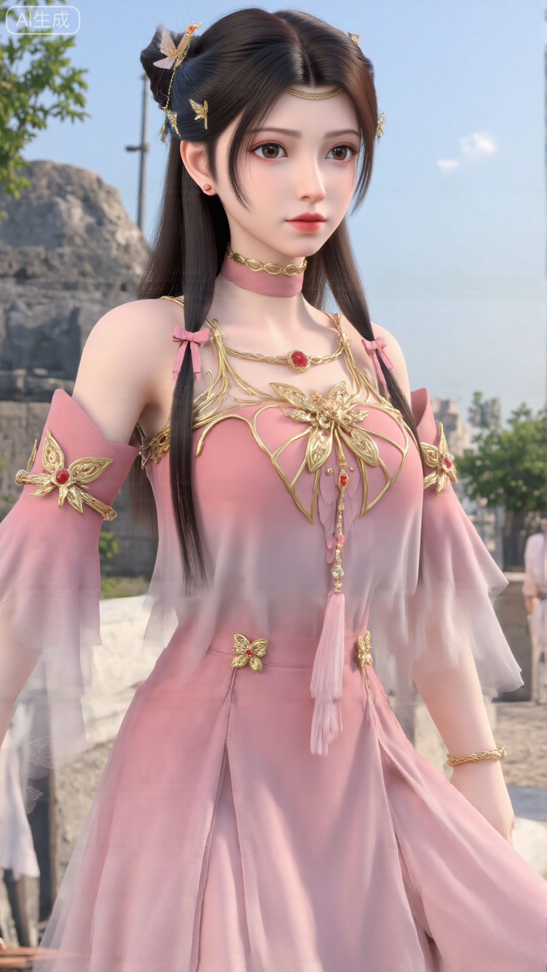 1girl, solo, dress, pink dress, hair ornament, long hair, jewelry, brown eyes, bracelet, flower, mischevious smile, perfect body, scenery, sharp focus, best quality, masterpiece, detailed outfit, illustration, perfect eyes, finely detailed beautiful anime eyes, realistic skin, intricate details, best lighting, depth of field, ultra high resolution,sitting