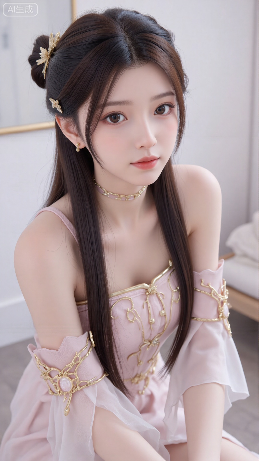 1girl, solo, long hair, breasts, looking at viewer, smile, bangs, dress, bare shoulders, jewelry, sitting, very long hair, closed mouth, white dress, bracelet, Light, shadow
,best quality,depth of field,cinematic lighting,light particles,impactful picture,offcial art,movie perspective,high quality,extremely detailed,High Detail,(Tyndall Effect 1.4),cover art,extreme aesthetic,masterpiece,best quality,good quality,newest,Visual impact,32K UHD,sharp focus