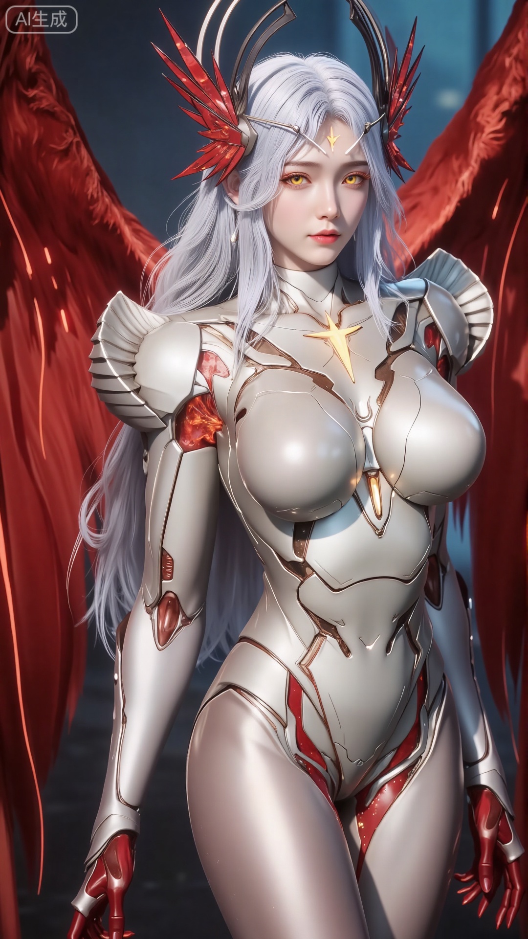 This is a digital illustration of a fantastical, ethereal female character with a striking appearance
She has long, flowing, silver-white hair that cascades past her shoulders, contrasting vividly with her skin
Her eyes are a piercing golden yellow, giving her a mystical aura
She is dressed in a form-fitting, futuristic armor that is primarily white with intricate red and gold accents
The armor highlights her curvaceous figure, particularly emphasizing her large breasts and slim waist
Her left arm is adorned with a series of circular, gold patterns, while her right hand rests on her hip, showcasing red, claw-like gloves
She has large, red, wing-like appendages extending from her back, adding to her otherworldly appearance
A small, golden, horn-like structure is visible on her forehead, complementing the red and gold color scheme
The background is a dark, moody blue, which contrasts with the character's bright and vivid colors
The texture of the armor appears sleek and metallic, while her hair looks soft and flowing
The overall style is highly detailed and realistic, with a fantasy and sci-fi influence, making the character appear both powerful and beautiful.