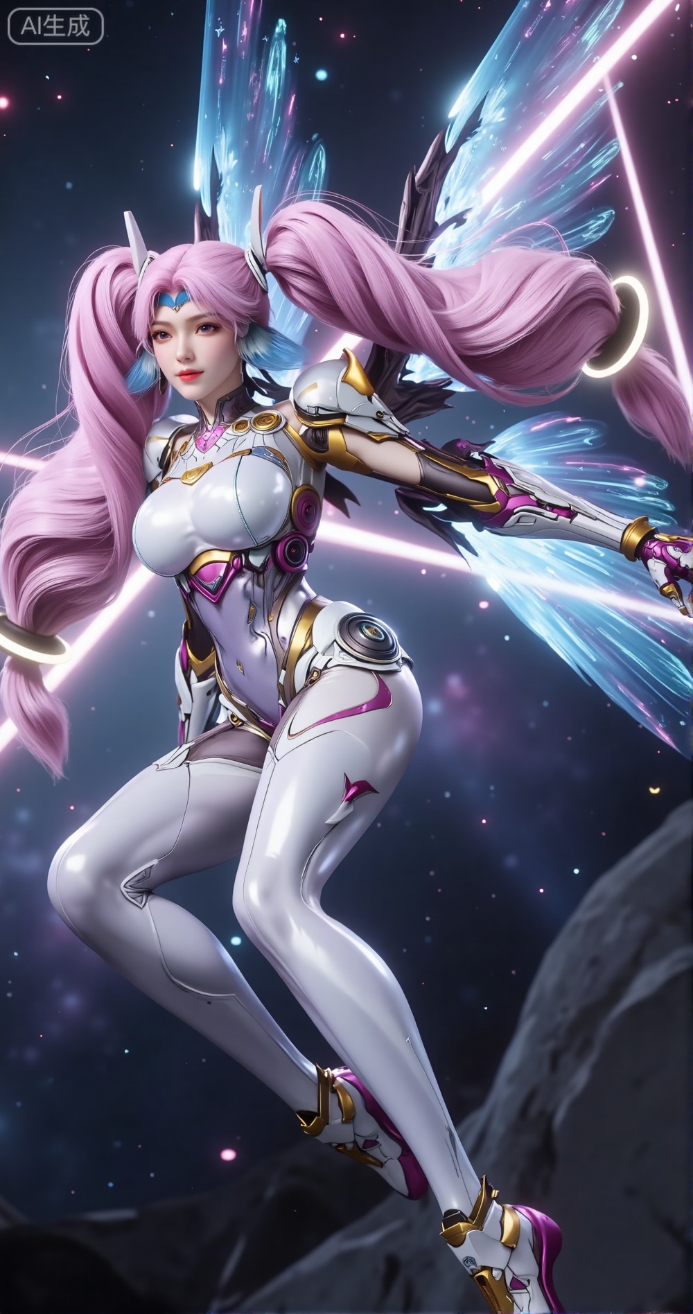 This is a digital artwork depicting a futuristic, sci-fi female character in mid-action
The character has long, flowing pink hair styled in twin tails, with a bright pink headband
She is wearing a sleek, form-fitting, metallic armor suit that is predominantly white with purple and gold accents
The armor has intricate designs and glowing elements, including a prominent golden circular device on her chest and another on her right shoulder
Her right arm is extended forward, revealing a cybernetic gauntlet with sharp, angular designs
Her left arm is partially visible, and she is wearing a matching purple and white glove. The background is a dynamic, star-filled space with a blend of dark blues and purples, creating a sense of motion and depth
Bright, glowing white lines intersect behind her, adding to the sense of speed and movement
Her wings, which are translucent and ethereal, are illuminated with a soft blue light, adding a magical element to her appearance
The character’s pose is dynamic, with one knee bent and her body angled forward, suggesting she is in the midst of a powerful leap or dash
The overall style is highly detailed and vibrant, with a strong emphasis on motion and futuristic technology.