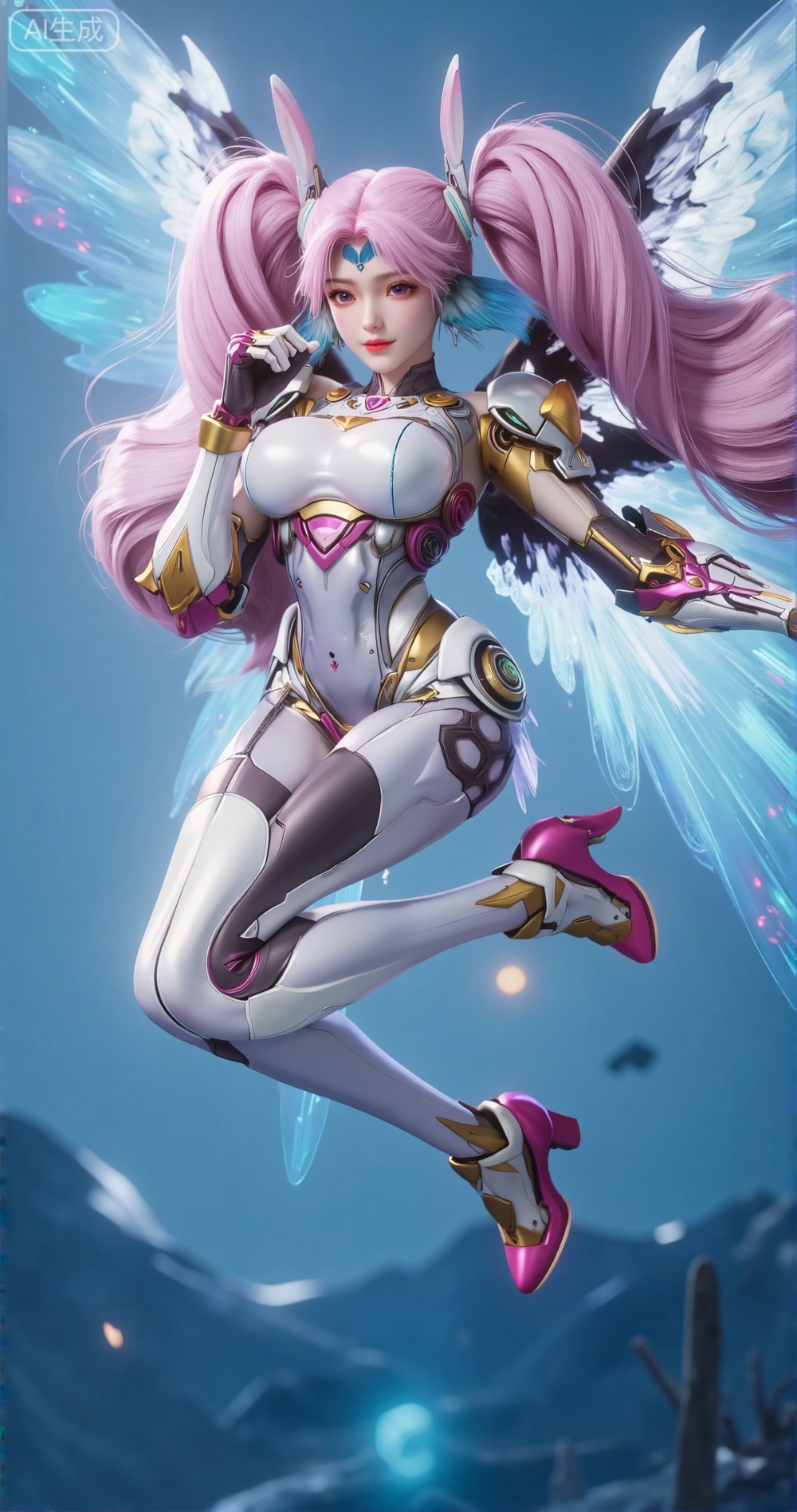 This is a digital CGI artwork depicting a futuristic female character with a cyberpunk aesthetic
She is shown in mid-air, floating against a backdrop of a gradient blue background with subtle light reflections, suggesting a virtual or space-like environment
The character has a slender, athletic build and is adorned with a highly detailed, form-fitting armored suit in shades of white, pink, and gold
Her armor features intricate patterns and glowing accents, giving it a high-tech, almost organic appearance. She has long, pink twin-tails that are flowing dynamically, adding a sense of motion to the image
Her hair is styled with metallic hair accessories that resemble rabbit ears, enhancing the futuristic and slightly whimsical theme
Her eyes are large and expressive, with a hint of pink, matching her hair
She has angelic white wings extending from her back, adding an ethereal quality to her appearance. Her right arm is extended forward, and her left arm is bent at the elbow, with her hand positioned near her face
She wears high-heeled shoes that are pink with gold accents
The overall composition is dynamic, with a sense of grace and agility
The image blends elements of science fiction and fantasy, creating a visually striking and imaginative character.