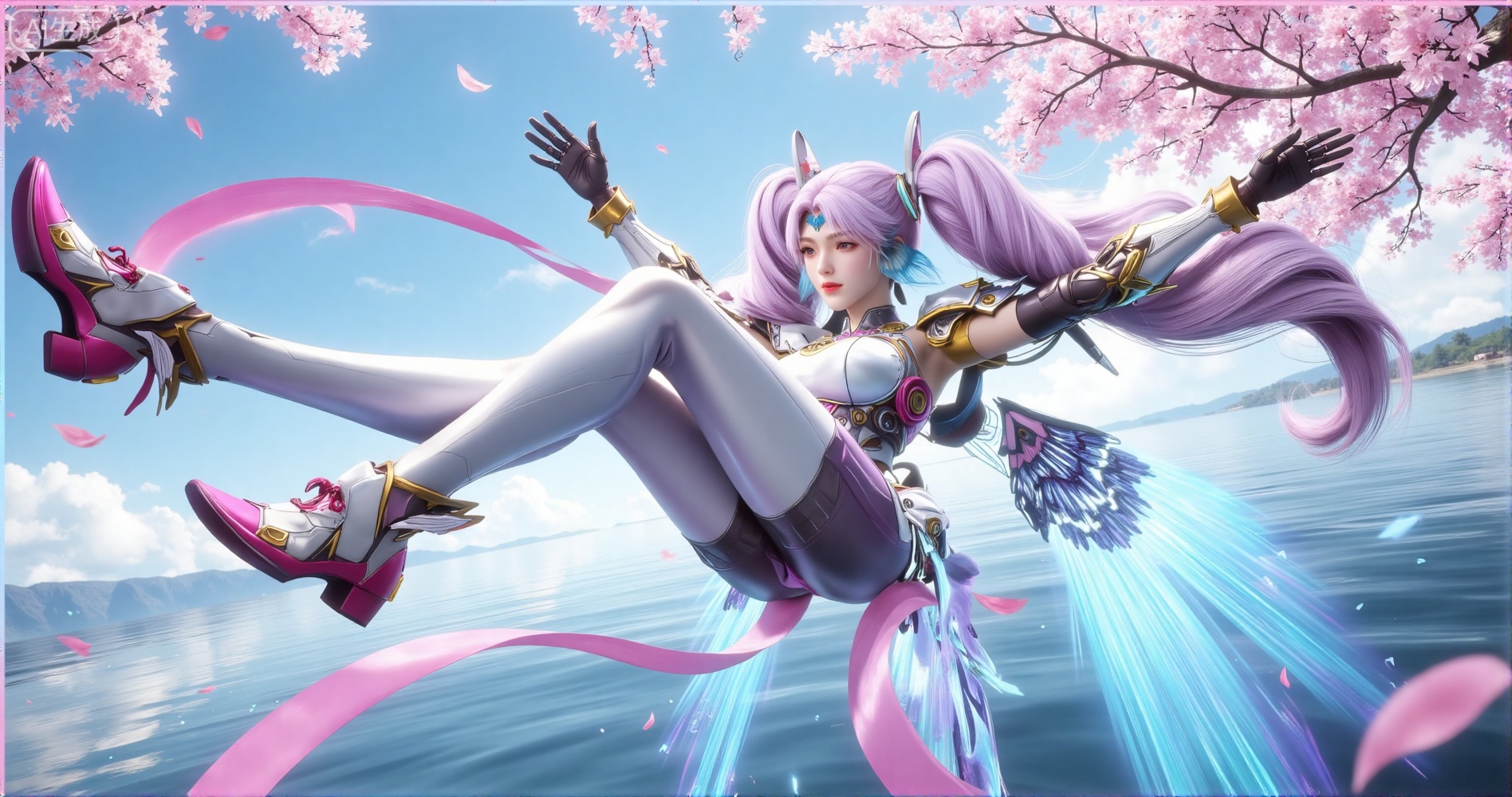 This is a digital artwork featuring a dynamic, fantasy-style scene
The central figure is a female character with light purple hair styled in large, flowing twin-tails, wearing a futuristic, armored suit with a predominantly white and purple color scheme
Her suit includes gold accents and intricate designs, and she has a small, blue, cat-like headpiece on her forehead
Her boots are large and pink with gold detailing, and she is depicted in mid-air, performing a high kick with her right leg extended forward and her left leg bent
A vivid pink ribbon trails behind her, adding a sense of motion
She is surrounded by a magical, ethereal blue and purple energy that resembles wings, enhancing her otherworldly appearance
In the background, there is a serene body of water with gentle ripples, and a clear blue sky with a few white clouds
Pink cherry blossoms are in full bloom at the top of the image, with their delicate petals floating down
The overall composition is vibrant and dynamic, with a strong sense of movement and fantasy
The style is highly detailed, with a mix of realistic and fantastical elements, typical of modern digital fantasy art.