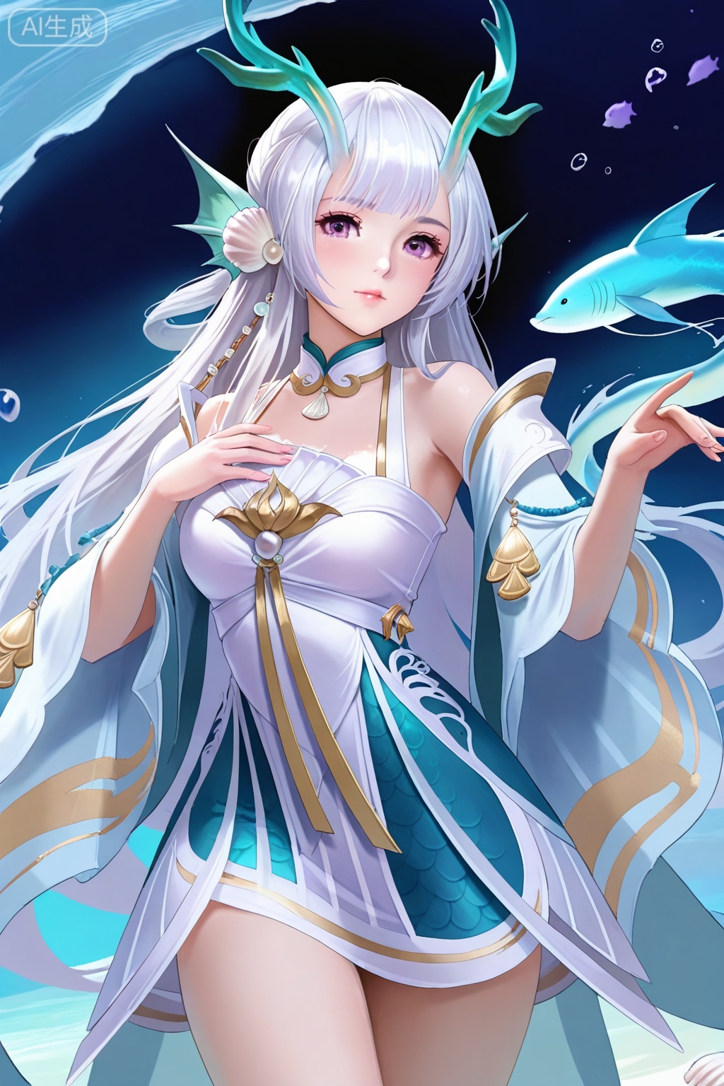 best quality,amazing quality,1girl, solo, green antlers, white hair, lang hair, bangs, hair ornament, purple eyes, fin ears, choker, bare shoulders, short strap dress, wide sleeves, bare thighs, shell,pendant,西施,