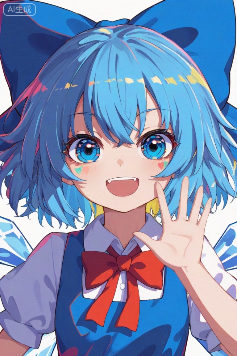 colorful,kirintea,1girl,solo,upper body,:d, cirno,simple background,