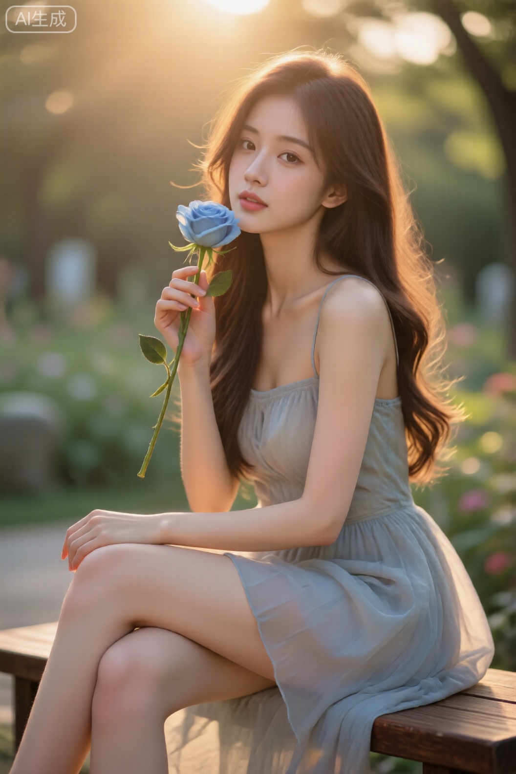 超现实温暖的电影全身拍摄摄影,柯达专业波特拉160,1个女孩,looking_at_viewer,,大长腿,逼真,,照片姿势,动态姿势,,eluosi ,良好解剖结构,真人肌肤纹理, 4K画质,完美身材, 这张照片描绘了一位年轻女子坐在木凳上,手里拿着一朵蓝玫瑰。 她穿着一件无肩带连衣裙,头发垂下来,波浪造型宽松。 她的皮肤白皙,眼睛是深棕色的。她用右手把花举到脸上,左臂放在身边。 图像的背景是模糊的,但它似乎是一个户外环境,可能是一个公园或花园,在阳光明媚的日子里。 这张照片的气氛浪漫而亲密,暗示着这个女人可能在庆祝一个特殊的时刻,或者只是在享受一个安静的时刻。,千问佳人