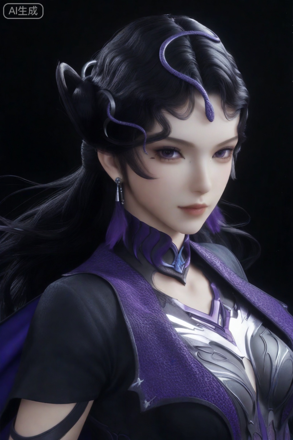 masterpiece, best quality, masterpiece,best quality,official art,extremely detailed CG unity 8k wallpaper,1girl,looking at viewer,long hair,hair ornament,breasts,black hair,jewelry,medium breasts,purple eyes,earrings, cape,simple background,(white background:1.1)
