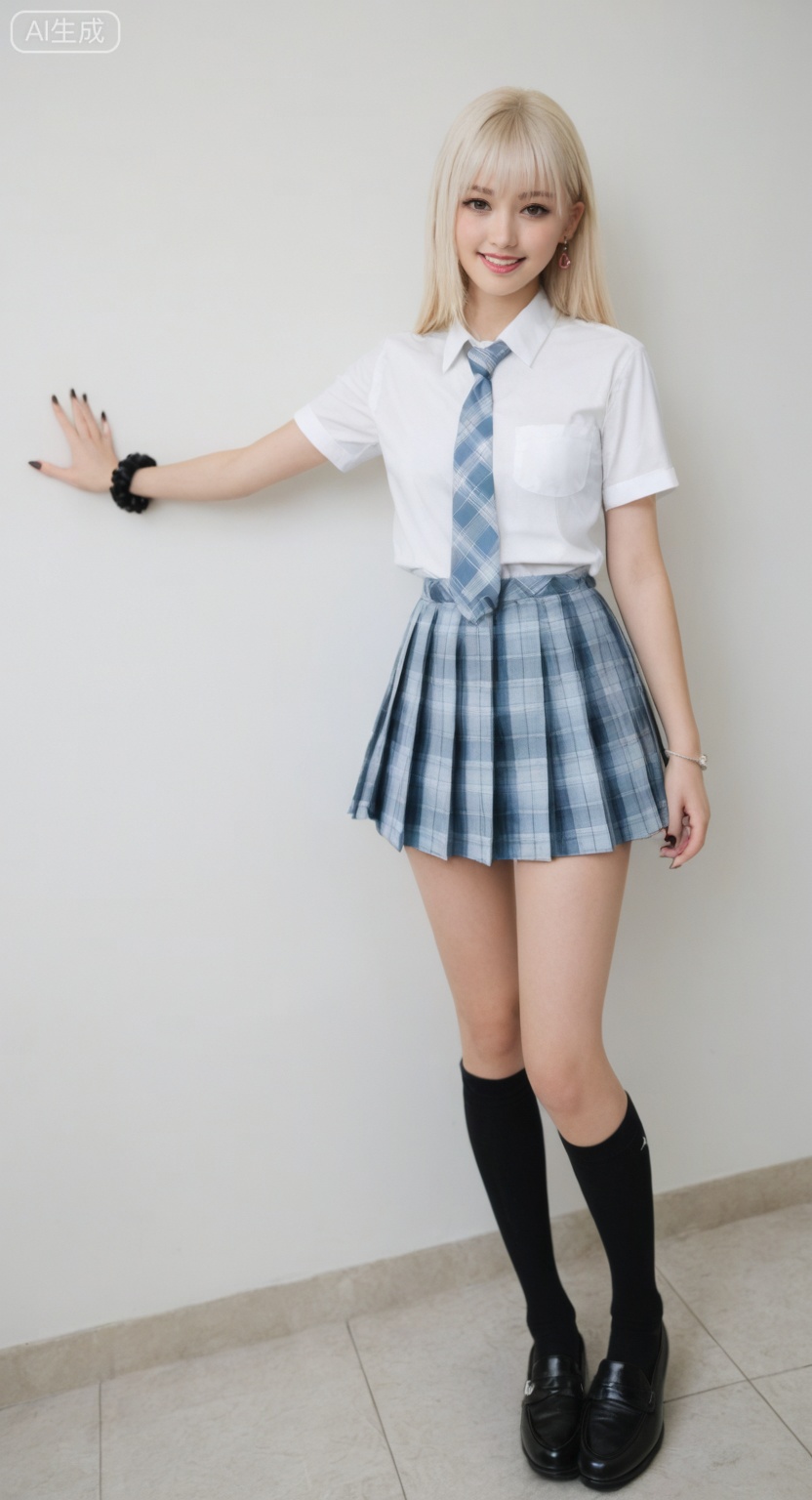 realistic photo, ultra realistic, true to life, 
A low-angle, full-body shot of a young woman with long, straight platinum blonde hair and bangs, styled as Marin Kitagawa from My Dress-Up Darling, wearing a white collared shirt, a loosely tied blue tie, and a blue plaid pleated mini-skirt, black loafers, and short black socks, she is striking a "peace" sign with her left hand, looking directly down at the viewer with a wide, confident smile, dramatic anime-inspired makeup with large, light pink contact lenses, prominent rosy blush, and black pointed fingernails, multiple ear piercings and a black beaded bracelet are visible, indoors with a gray tiled floor and a white wall, bright, soft lighting, high resolution, ultra-detailed, photo realistic, sharp focus, anime cosplay, vibrant and playful mood.,realistic skin,real skin texture,natural skin,photorealistic