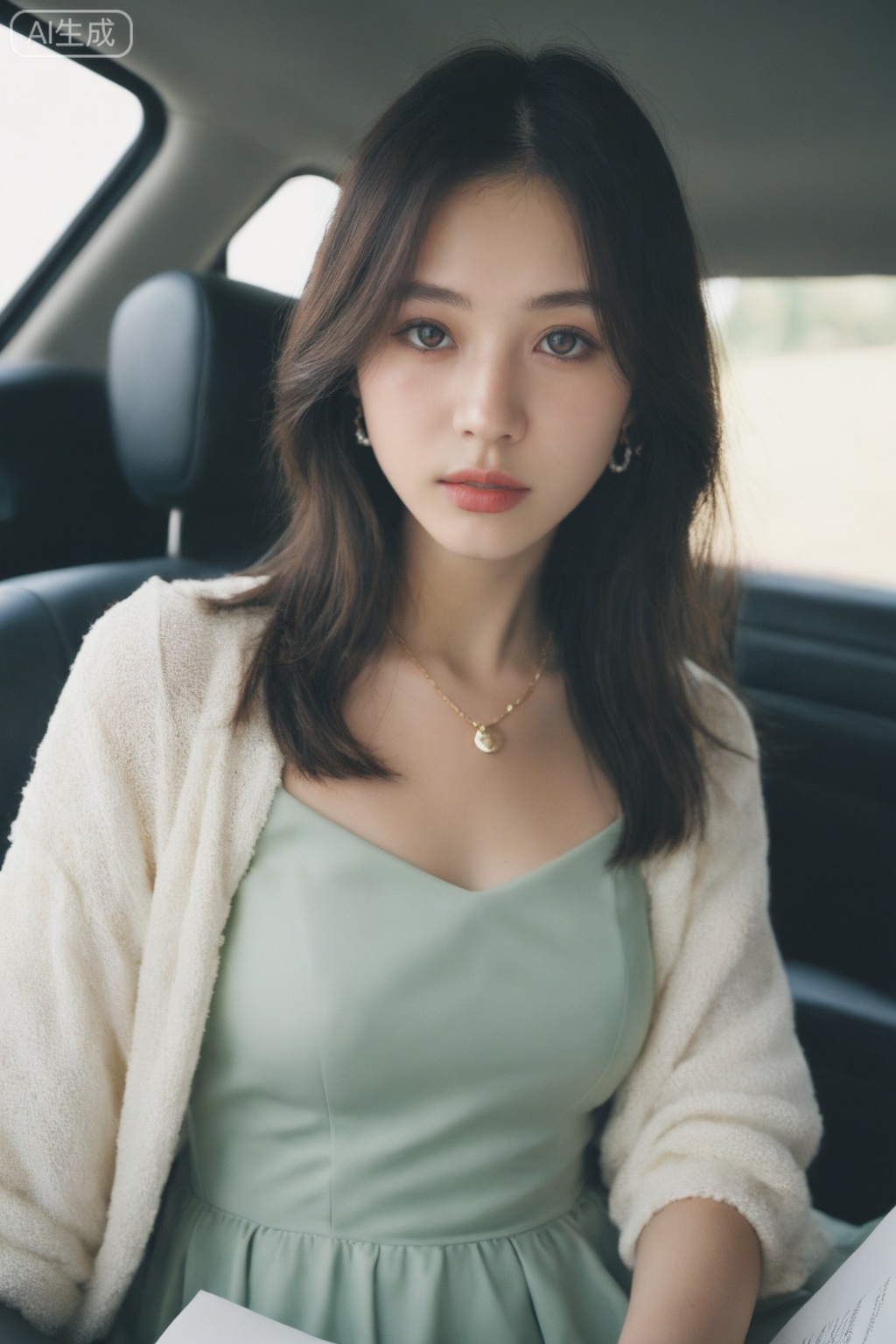 1girl, solo, long hair, looking at viewer, black hair, long sleeves, dress, brown eyes, jewelry, sitting, earrings, parted lips, necklace, nail polish, lips, book, ring, ground vehicle, motor vehicle, green dress, , realistic.

ultra highres, sharpness texture, High detail RAW Photo, detailed face, shallow depth of field, (realistic skin texture:1.2), dslr, film grain, perfect eyes, skin blemish, detailed skin, (sunlight exposure:1.6), (sunlight through the hair:1.6),photorealistic,real skin texture,masterpiece, ultra-HD, photorealistic, high detail, best quality, 8k, best quality, sharp focus, ray-tracing, realistic, depth of field, shallow depth of field, raw photo. 