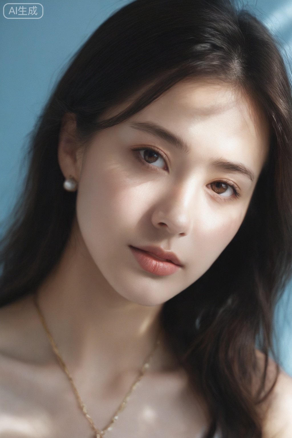 1girl, solo, looking at viewer, brown hair, black hair, hair between eyes, brown eyes, jewelry, collarbone, earrings, necklace, black eyes, lips, blue background, portrait, realistic, nose.

ultra highres, sharpness texture, High detail RAW Photo, detailed face, shallow depth of field, (realistic skin texture:1.2), dslr, film grain, perfect eyes, skin blemish, detailed skin, (sunlight exposure:1.6), (sunlight through the hair:1.6),photorealistic,real skin texture,masterpiece, ultra-HD, photorealistic, high detail, best quality, 8k, best quality, sharp focus, ray-tracing, realistic, depth of field, shallow depth of field, raw photo. 