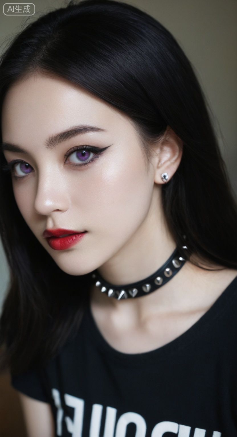 realistic photo, ultra realistic, true to life, 
A mesmerizing close-up portrait of a young woman with long, straight black hair and full bangs, wearing a simple black t-shirt with a graphic print, and a black studded choker, looking directly at the viewer with a piercing yet melancholic gaze, dramatic gothic-inspired makeup with dark eyeshadow, light-colored contact lenses (reddish-purple), dark eyeliner, and subtle red lips with a gradient effect, a blurred indoor background with hints of framed pictures, soft and subdued lighting, high resolution, ultra-detailed, photo realistic, sharp focus, E-girl or gothic aesthetic, dark and alluring mood,realistic skin,real skin texture,natural skin,photorealistic