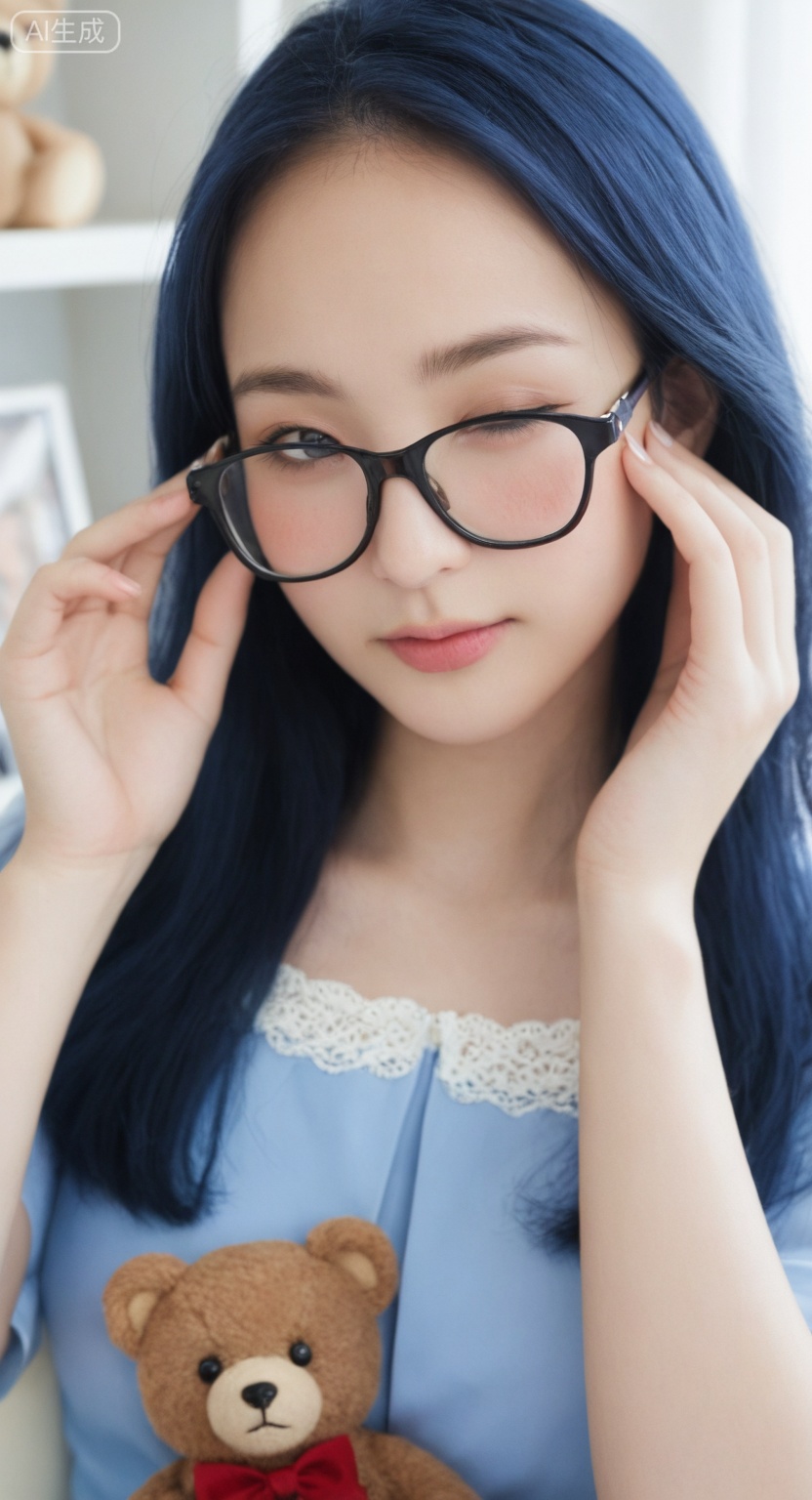 realistic photo, ultra realistic, true to life, 
A close-up portrait of a young woman with long, bright blue hair and full bangs, wearing black rectangular glasses and a light blue top with a white lace-trimmed collar and brown teddy bear appliques, she is winking and slightly pouting, using her right hand to adjust her glasses, heavy, rosy blush on her cheeks in a "shiro-nuri" or "doll-like" makeup style, indoor setting with a white chair and a glimpse of shelves with figures in the background, bright soft lighting, high resolution, detailed, photo realistic, sharp focus, cute and playful mood,realistic skin,real skin texture,natural skin,photorealistic