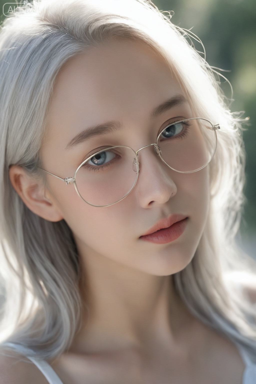 1girl, solo, A cold and fair-skinned beauty wears large-framed silver-rimmed glasses. Her disheveled long hair covers half of her face, and her slender eyelashes fall below her eyes. She lowers her eyes. Her face is delicate and three-dimensional, her skin is fine and fair, and her expression combines coldness and melancholy coldness. Her subtle expressions are charming and alluring. The dim sofa background sets off the movie atmosphere, and a close-up of her face captures her lazy movements, realistic.

ultra highres, sharpness texture, High detail RAW Photo, detailed face, shallow depth of field, (realistic skin texture:1.2), dslr, film grain, perfect eyes, skin blemish, detailed skin, (sunlight exposure:1.6), (sunlight through the hair:1.6),photorealistic,real skin texture,masterpiece, ultra-HD, photorealistic, high detail, best quality, 8k, best quality, sharp focus, ray-tracing, realistic, depth of field, shallow depth of field, raw photo. 