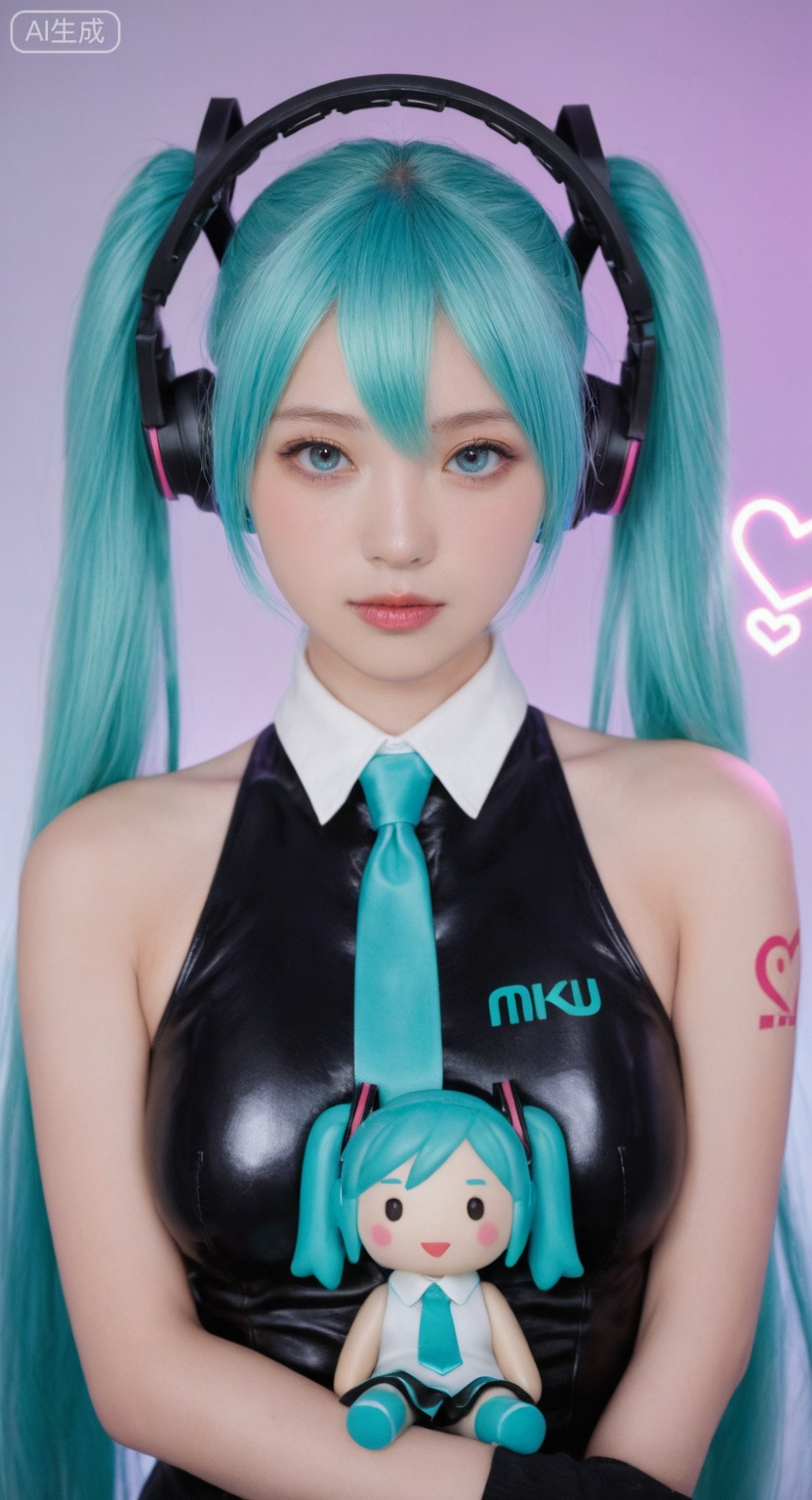 realistic photo, ultra realistic, true to life, 
A close-up cosplay portrait of a young woman dressed as Hatsune Miku, featuring long, vibrant turquoise twin-tails, a futuristic sleeveless uniform with a high white collar, light gray accents, and a tie, wearing large white headphones, she holds a large, cute chibi-style plush doll of Hatsune Miku, a number "01" tattoo or decal is visible on her left upper arm, she wears shiny black opera-length gloves, posing with a serious or slightly seductive expression, the background is dimly lit and stylized with blue and purple lighting, featuring a glowing heart graphic and anime-themed decorations, high detail, photo realistic, sharp focus, vibrant and cool colors, anime cosplay, VOCALOID aesthetic.,realistic skin,real skin texture,natural skin,photorealistic