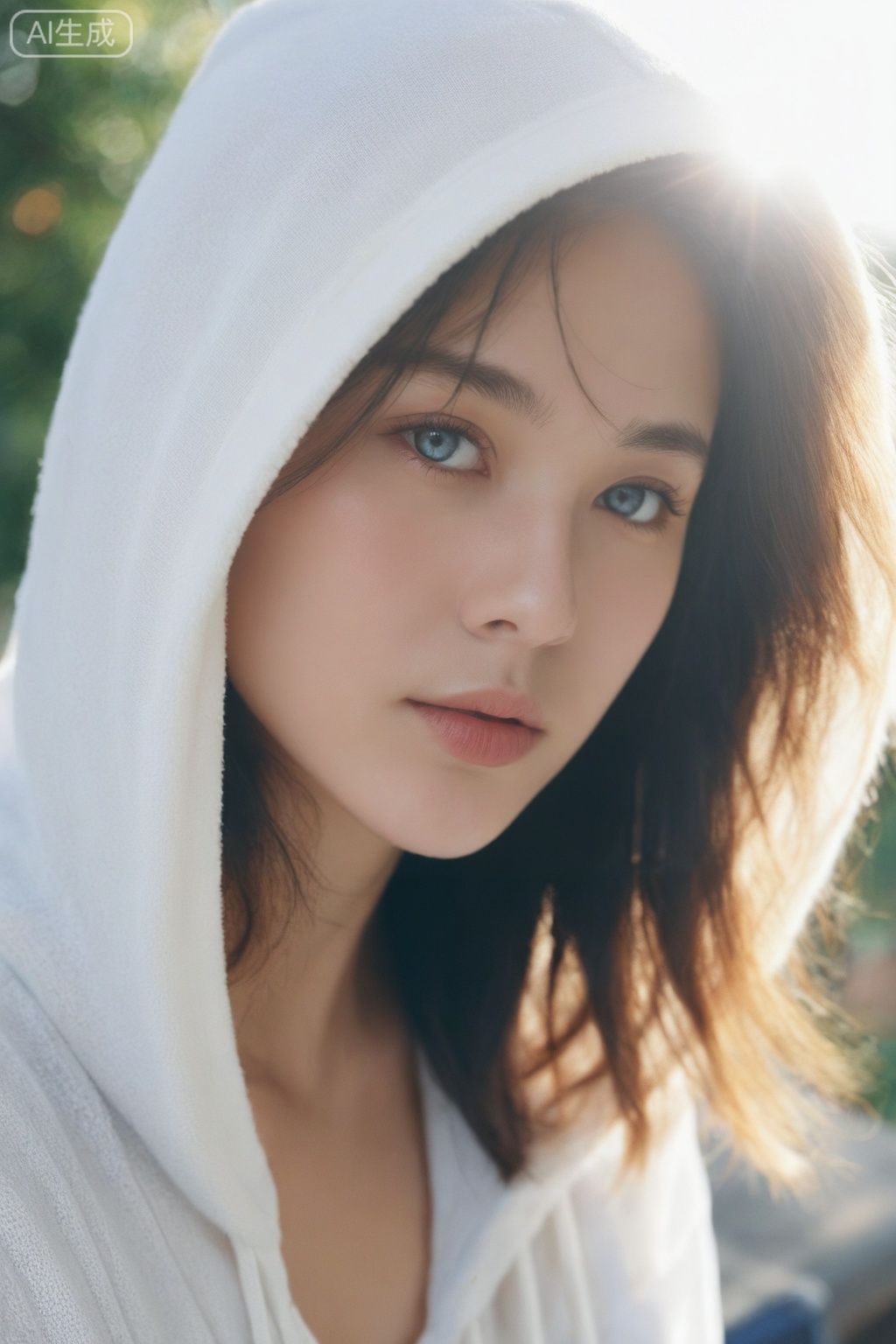 1girl, solo, long hair, looking at viewer, blue eyes, brown hair, black hair, upper body, hood, lips, hood up, realistic, bench, realistic.

ultra highres, sharpness texture, High detail RAW Photo, detailed face, shallow depth of field, (realistic skin texture:1.2), dslr, film grain, perfect eyes, skin blemish, detailed skin, (sunlight exposure:1.6), (sunlight through the hair:1.6),photorealistic,real skin texture,masterpiece, ultra-HD, photorealistic, high detail, best quality, 8k, best quality, sharp focus, ray-tracing, realistic, depth of field, shallow depth of field, raw photo. 