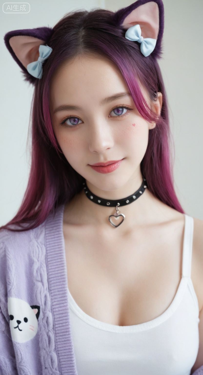 realistic photo, ultra realistic, true to life, 
A cute and whimsical portrait of a young woman with short, split-dyed hair in white, light blue, and purple hues, styled with bangs, wearing fluffy white cat ears, multiple colorful hair clips (including flowers and bows), a pastel purple cardigan over a white **** top with a graphic print, a pastel pink and purple studded choker with a heart pendant, and a purple bear brooch, her left hand which is covered by a paw-print fingerless glove, looking directly at the viewer with a sweet smile, heterochromatic eyes (one red, one blue contact lens), rosy blush on her cheeks, a plain pastel purple door in the blurred background, soft diffused purple lighting, high detail, photo realistic, sharp focus, pastel aesthetic, Harajuku fashion, kawaii style.realistic skin,real skin texture,natural skin,photorealistic