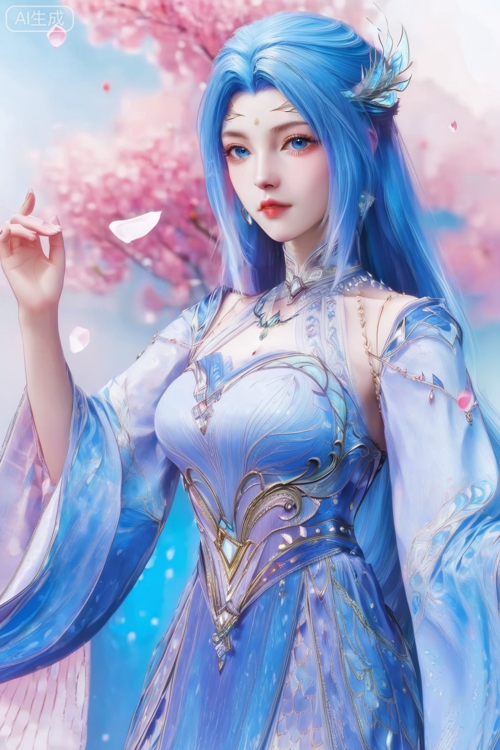 score_9,score_8_up,score_7_up,1girl,solo,long hair,looking at viewer,blue eyes,hair ornament,jewelry,dress,blue hair,blue dress,petals,wide sleeves