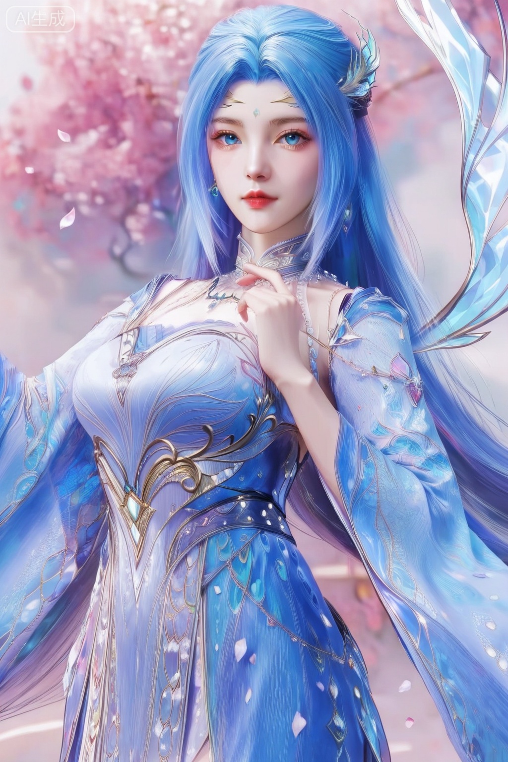 score_9,score_8_up,score_7_up,1girl,solo,long hair,looking at viewer,blue eyes,hair ornament,jewelry,dress,blue hair,blue dress,petals,wide sleeves