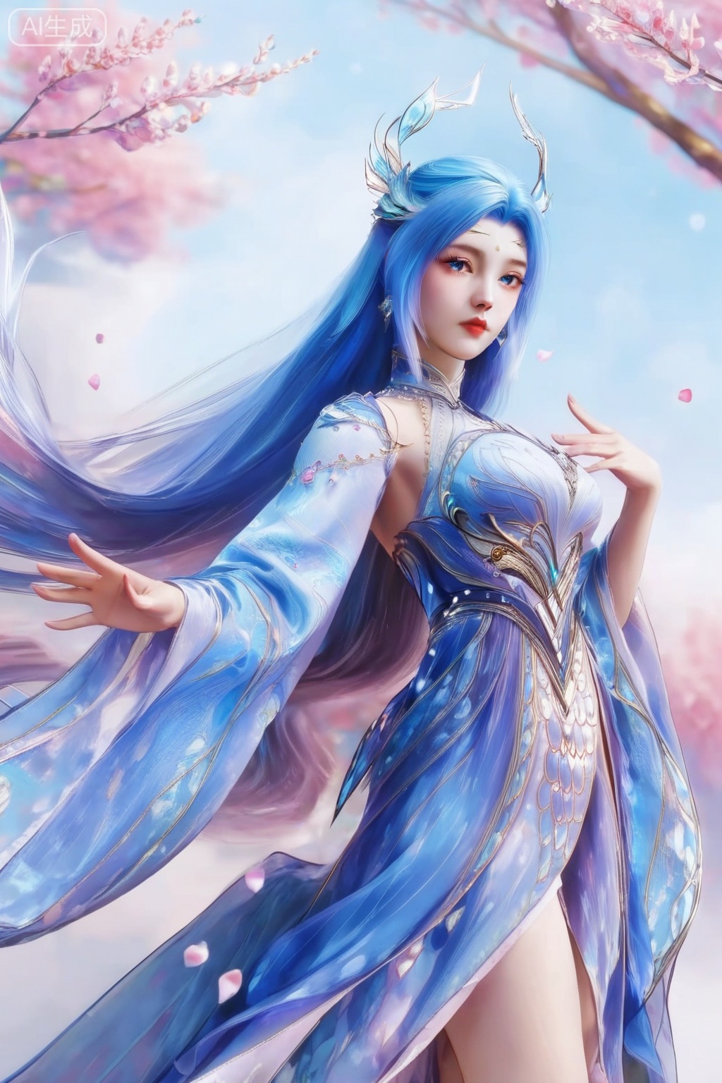 score_9,score_8_up,score_7_up,1girl,solo,long hair,looking at viewer,blue eyes,hair ornament,jewelry,dress,blue hair,blue dress,petals,wide sleeves