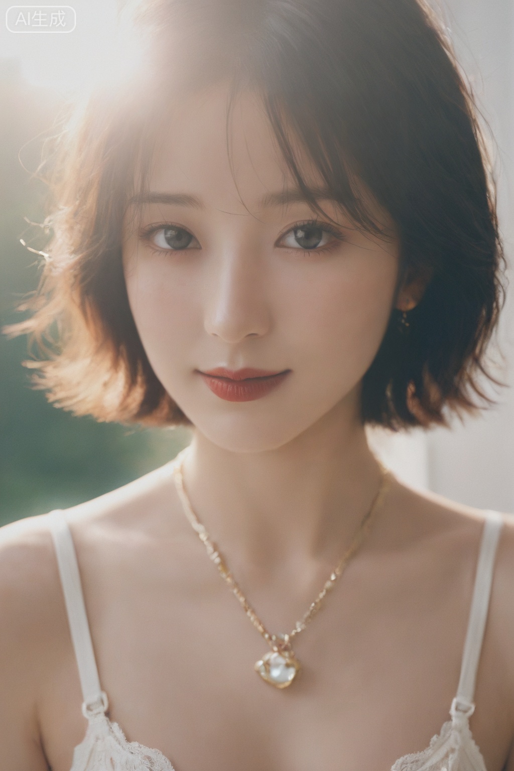 1girl, solo, looking at viewer, smile, short hair, bangs, brown hair, black hair, bare shoulders, jewelry, closed mouth, underwear, upper body, necklace, bra, black eyes, lips, realistic, red lips.

ultra highres, sharpness texture, High detail RAW Photo, detailed face, shallow depth of field, (realistic skin texture:1.2), dslr, film grain, Fujifilm XT3,  , perfect eyes, skin blemish, detailed skin, (sunlight exposure:1.6), (sunlight through the hair:1.6),photorealistic,real skin texture