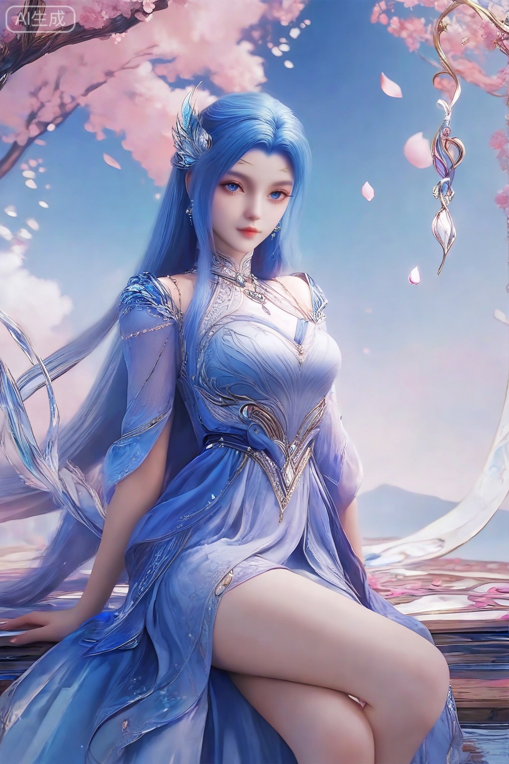 score_9,score_8_up,score_7_up,1girl,solo,long hair,looking at viewer,blue eyes,hair ornament,jewelry,dress,blue hair,blue dress,petals,legs,sitting
