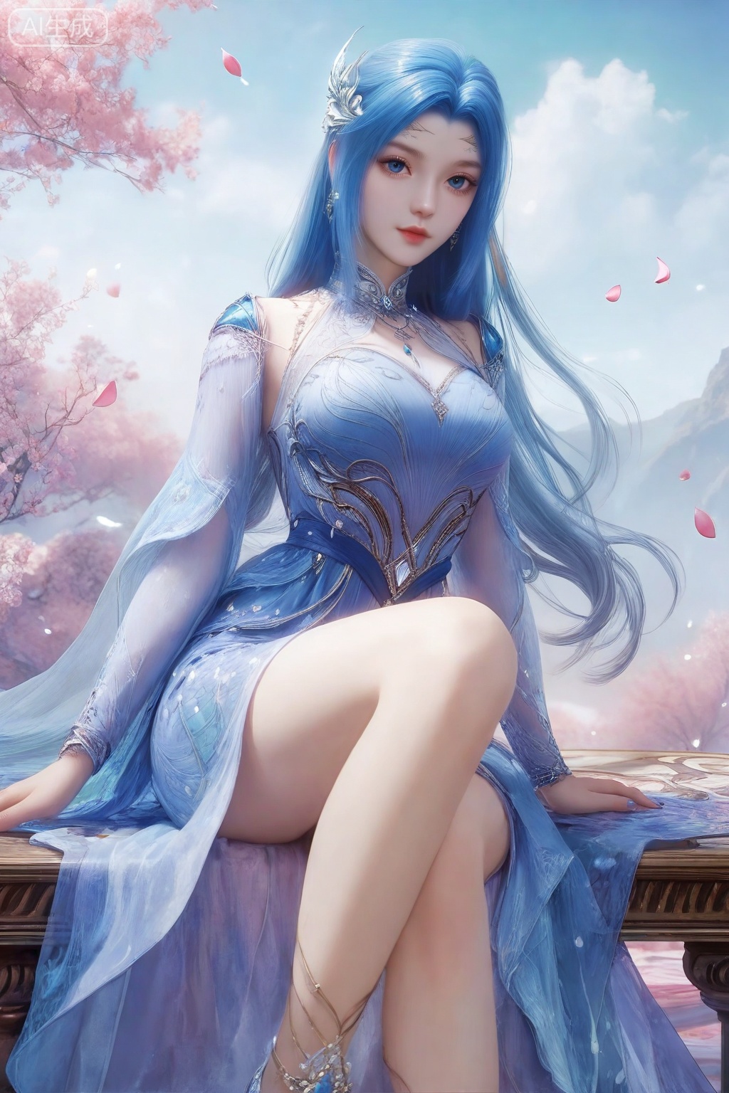 score_9,score_8_up,score_7_up,1girl,solo,long hair,looking at viewer,blue eyes,hair ornament,jewelry,dress,blue hair,blue dress,petals,legs,sitting