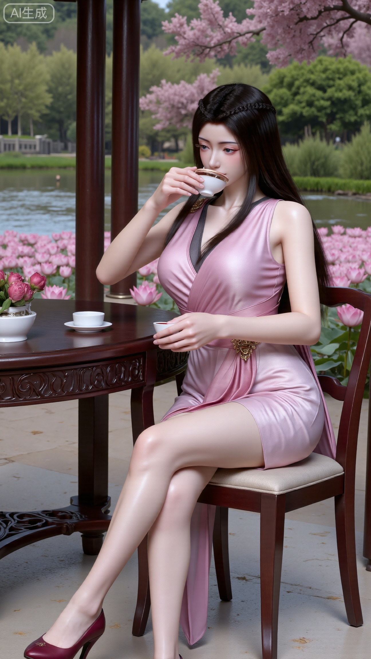(masterpiece, best quality:1.2),1girl, solo, ornament, , breasts, no eye shadow, even lighting, Sitting, pavilion, Table, chair, drinking tea, Grasp Extremely gaiwan, side_view, very awa, room background,,(Stockings, high heels:1.29),(huge breasts:2.99),(full breasts:2.99),,(Background with lotus pond and pink lotus flowers:1.39),Xbigbreasts,XbaifengsongyuYH,XzhenniteH,XliuyuH,XfenghuangqipaoXF,XfenghuangqipaoXF,Xyuanyaohongqun,Xyuanyaomuyu,Xyuanyaoxizao,Xyuanyaohongyi