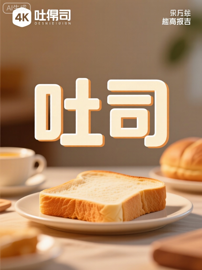创建一个4K分辨率的广告字体设计,主题是“吐司”。设计风格现代简约,字体清晰可读,能够突出“吐司”这一主题。在视觉上,可以使用温暖的色调和柔软的质感来营造温馨舒适的早餐氛围。字体布局要简洁大方,同时保持一定的艺术感,使整个广告具有吸引力。整体情感氛围应该让人感到舒适、愉悦,仿佛正在享受一份美味的吐司带来的满足感。