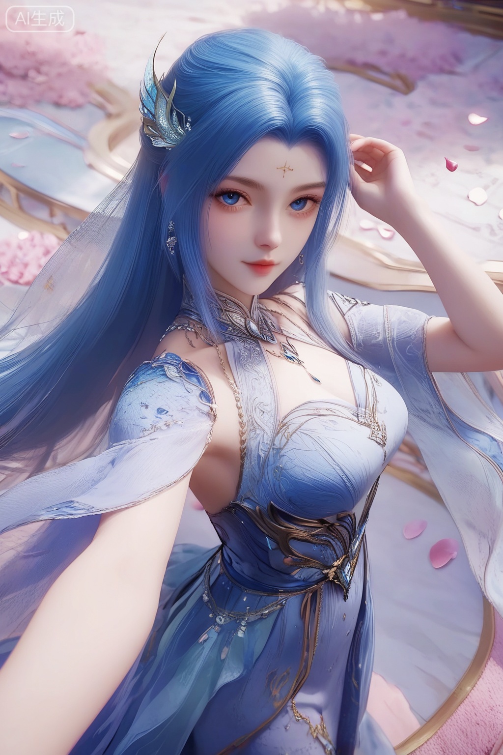 score_9,score_8_up,score_7_up,1girl,solo,long hair,looking at viewer,blue eyes,hair ornament,jewelry,dress,blue hair,blue dress,petals,hand in own hair,from above,pov