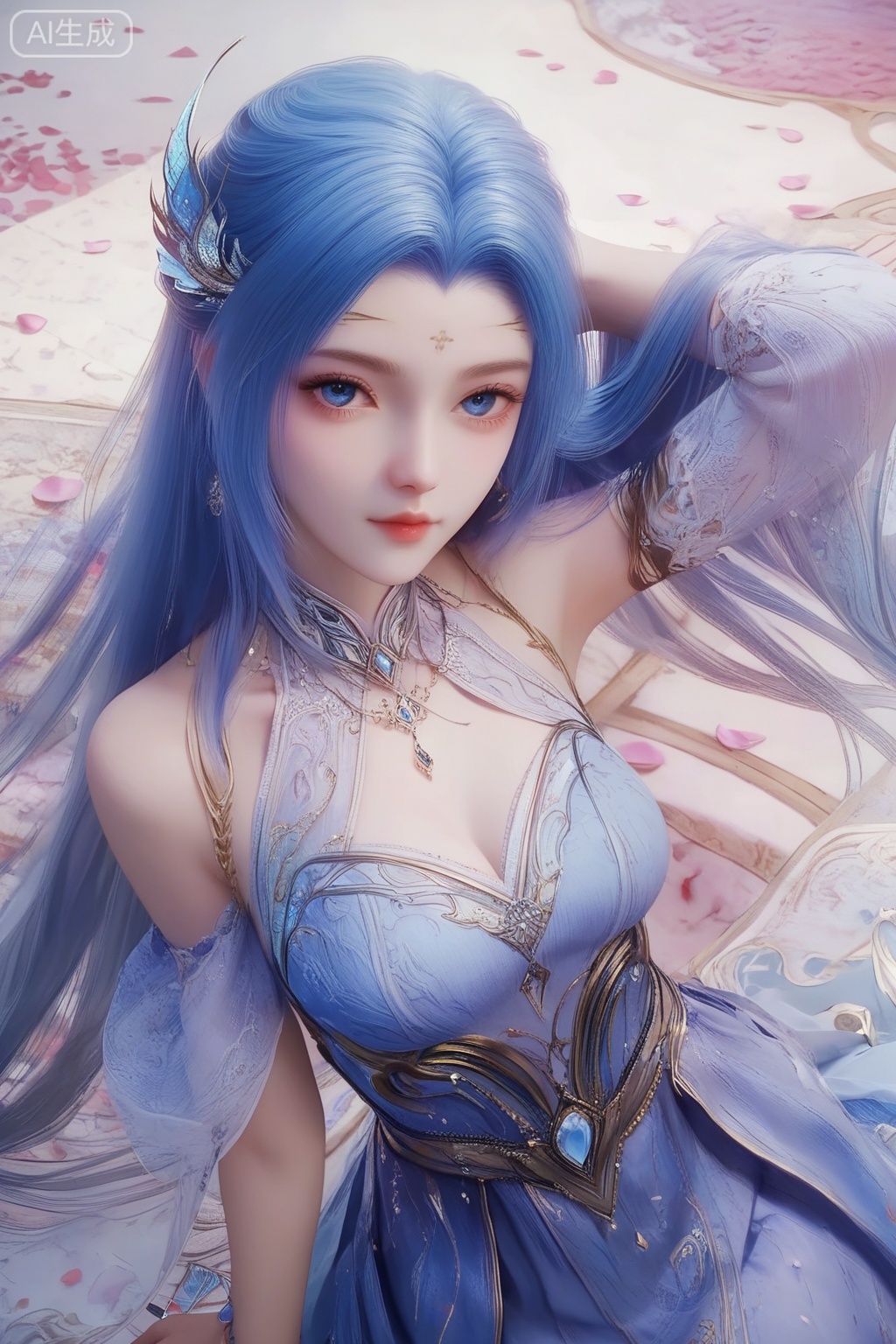 score_9,score_8_up,score_7_up,1girl,solo,long hair,looking at viewer,blue eyes,hair ornament,jewelry,dress,blue hair,blue dress,petals,hand in own hair,portrait,from above,pov