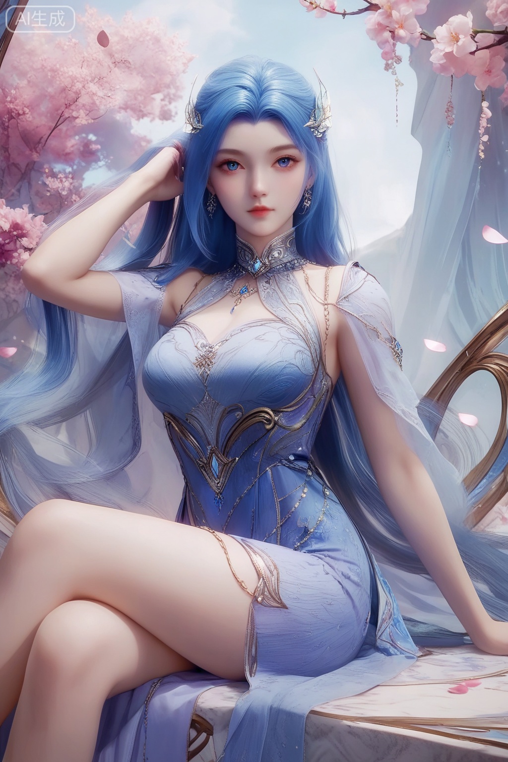 score_9,score_8_up,score_7_up,1girl,solo,long hair,looking at viewer,blue eyes,hair ornament,jewelry,dress,blue hair,blue dress,petals,legs,sitting,hand in own hair
