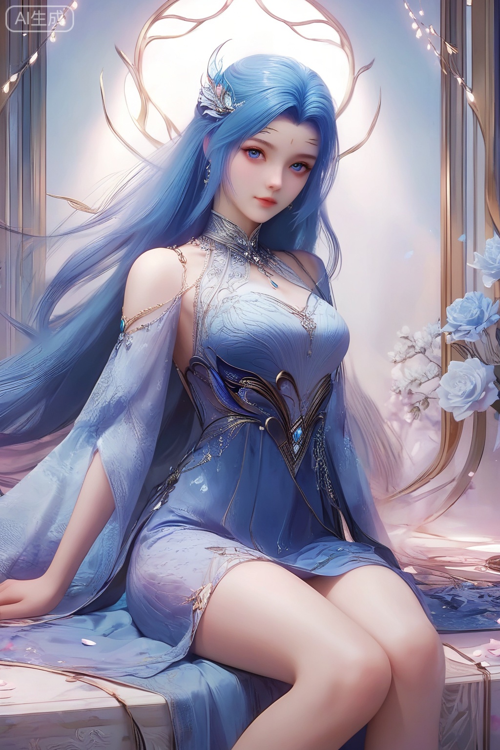 score_9,score_8_up,score_7_up,1girl,solo,long hair,looking at viewer,blue eyes,hair ornament,jewelry,dress,blue hair,blue dress,petals,legs,sitting,