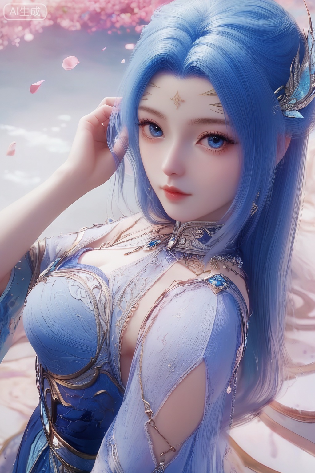 score_9,score_8_up,score_7_up,1girl,solo,long hair,looking at viewer,blue eyes,hair ornament,jewelry,dress,blue hair,blue dress,petals,hand in own hair,portrait,from above,pov