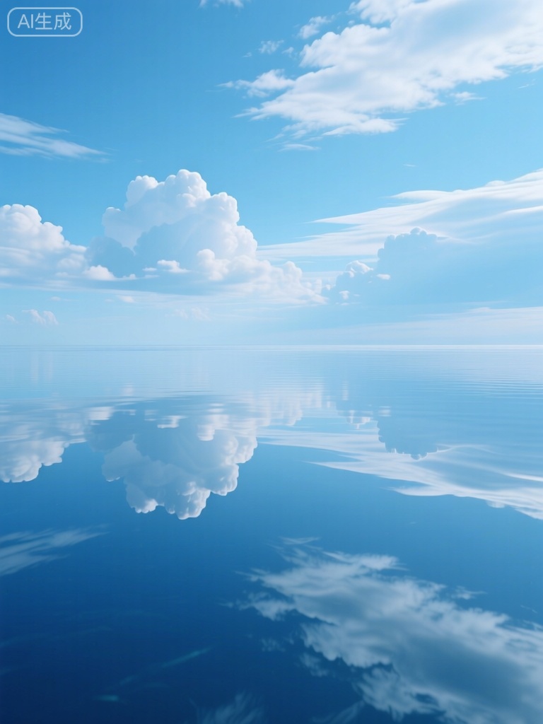 Create a 4K image of a scenic outdoors sky during the day with a cloudy sky. The scene features a vast ocean with a horizon line, and the sky reflects beautifully in the reflective water. The dominant colors are shades of blue, with the clouds adding depth and contrast. No humans are present in the image. Emphasize the serene and tranquil atmosphere, capturing the natural beauty and vastness of the ocean and sky.