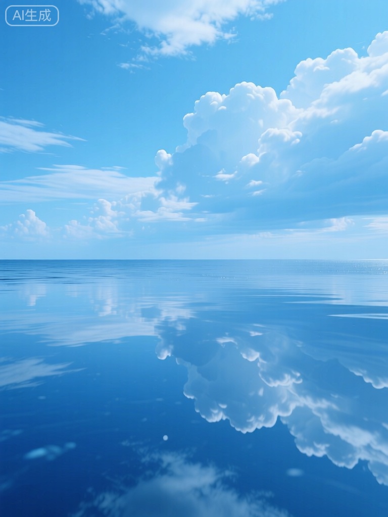 Create a 4K image of a scenic outdoors day with a cloudy sky over the ocean. The blue sky reflects beautifully in the calm, reflective water at the horizon. No humans are present, focusing solely on the natural beauty. Use a blue theme throughout, capturing the serene and tranquil atmosphere.