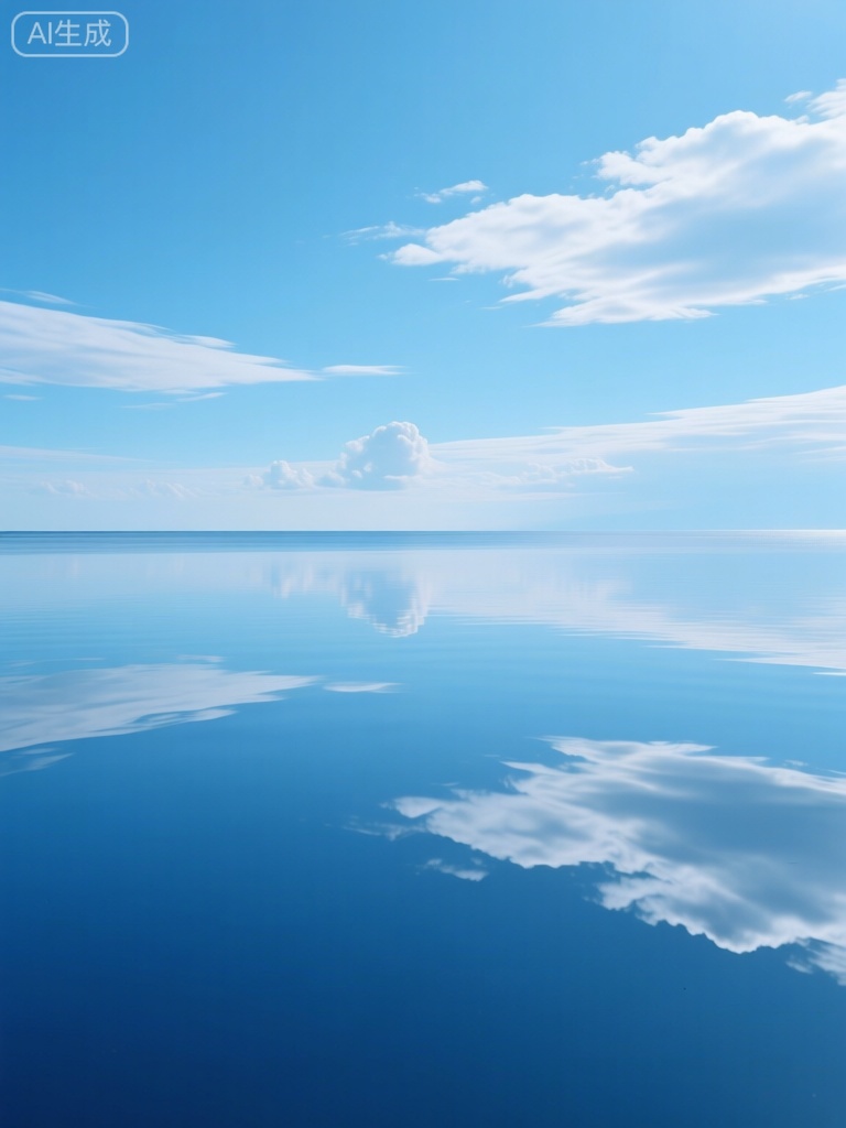 Create a 4K image of an outdoors sky during a sunny day, featuring a cloudy sky with blue tones. The scene should include a vast ocean with a horizon line, where the reflective water mirrors the sky's colors. Focus on the blue theme, emphasizing the reflection in the water and the horizon line. No humans should be visible in the image. Ensure the style is natural and realistic, capturing the serene and tranquil atmosphere of this coastal landscape.