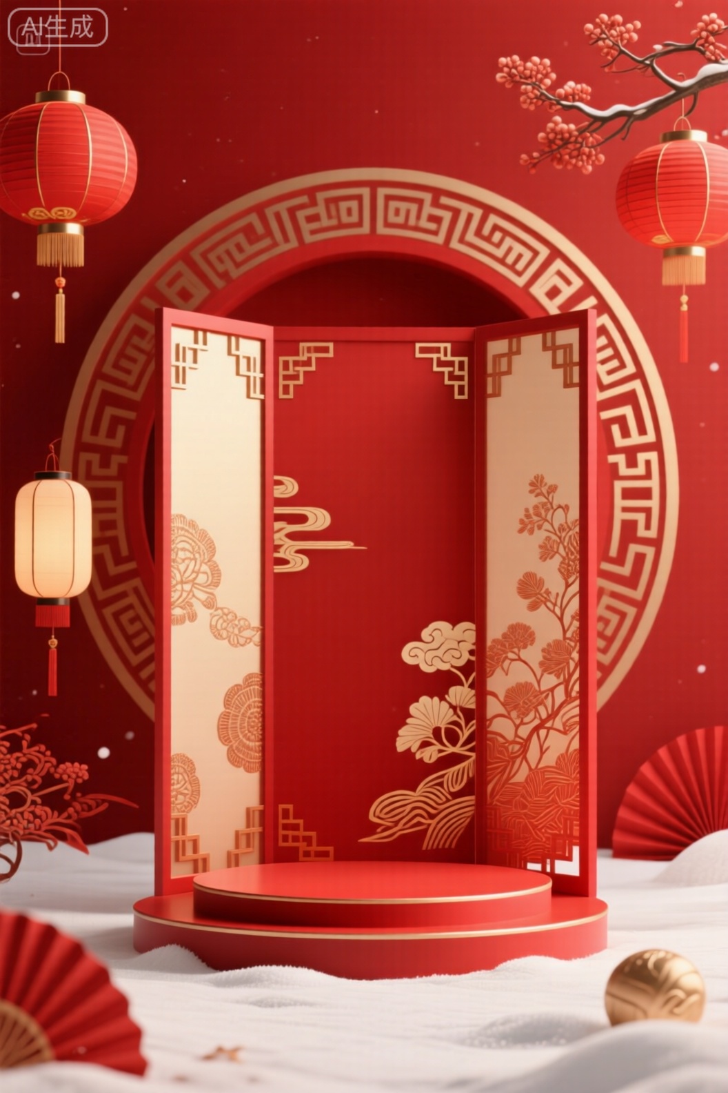 Chinese style, white snow background, red theme, golden pattern, lucky characters, lanterns, paper lanterns, reflection, golden byobu, rendering in cinema4d, masterpiece, best quality