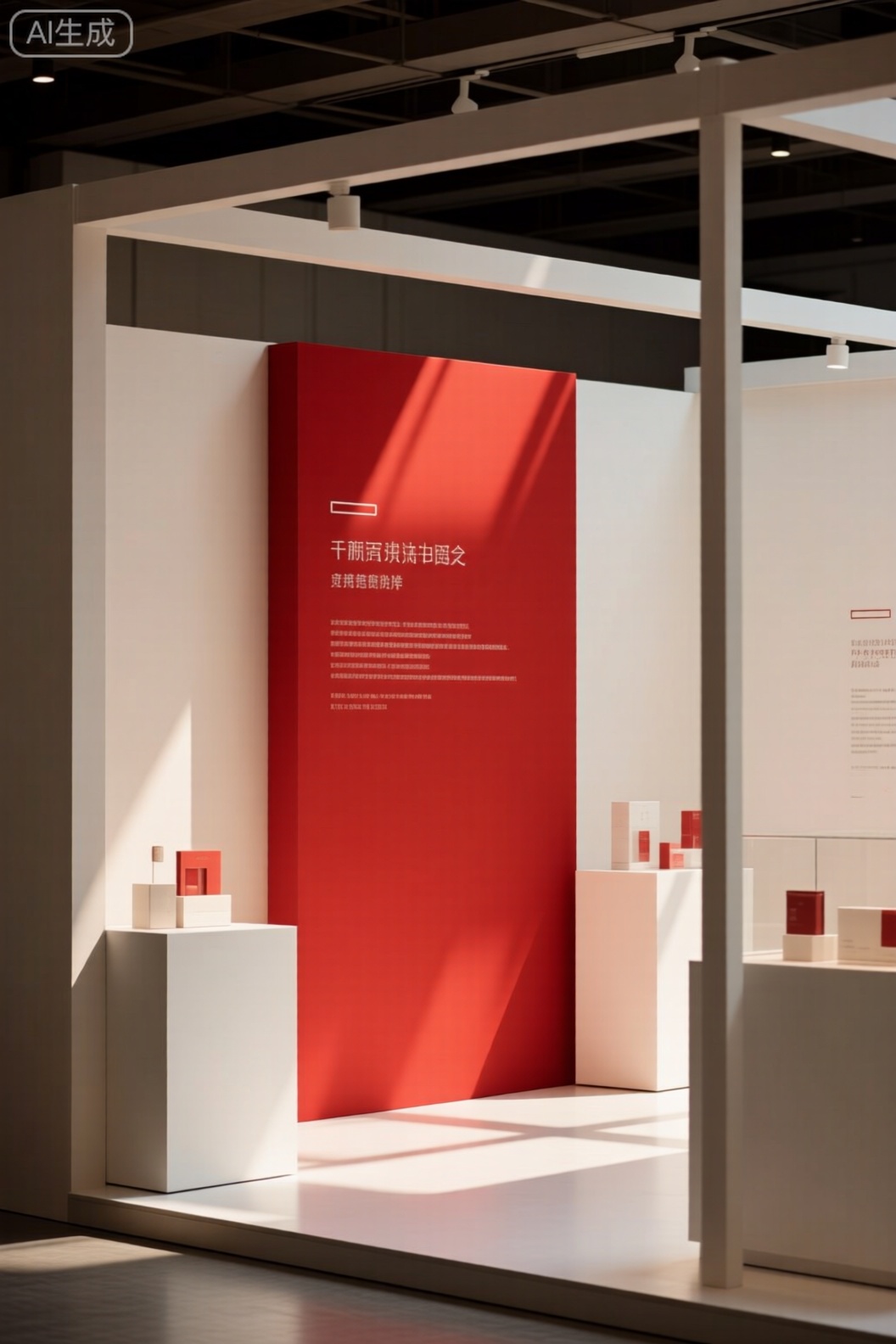 A minimalist Chinese e-commerce exhibition booth with a vibrant red accent. The booth is framed in a modern setting, featuring simple yet elegant design elements. Bright, natural light highlights the display, casting a warm glow. The centerpiece is a large, red banner with sleek, white text. Surrounding shelves showcase products in clean, white packaging, creating a cohesive look.