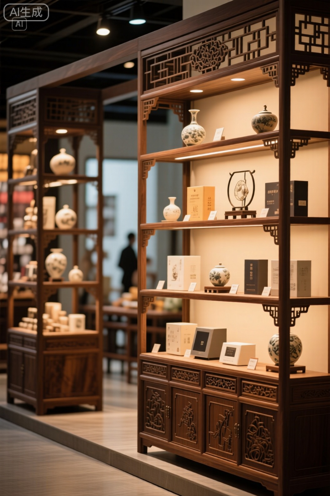 A traditional Chinese-style电商展台, featuring wooden shelves and intricate carvings. The lighting is warm and inviting, casting a gentle glow over the displayed items. Products are neatly arranged, including electronics, ceramics, and traditional crafts. The background shows a blend of modern and classical elements, creating a harmonious atmosphere.,中式,4k
