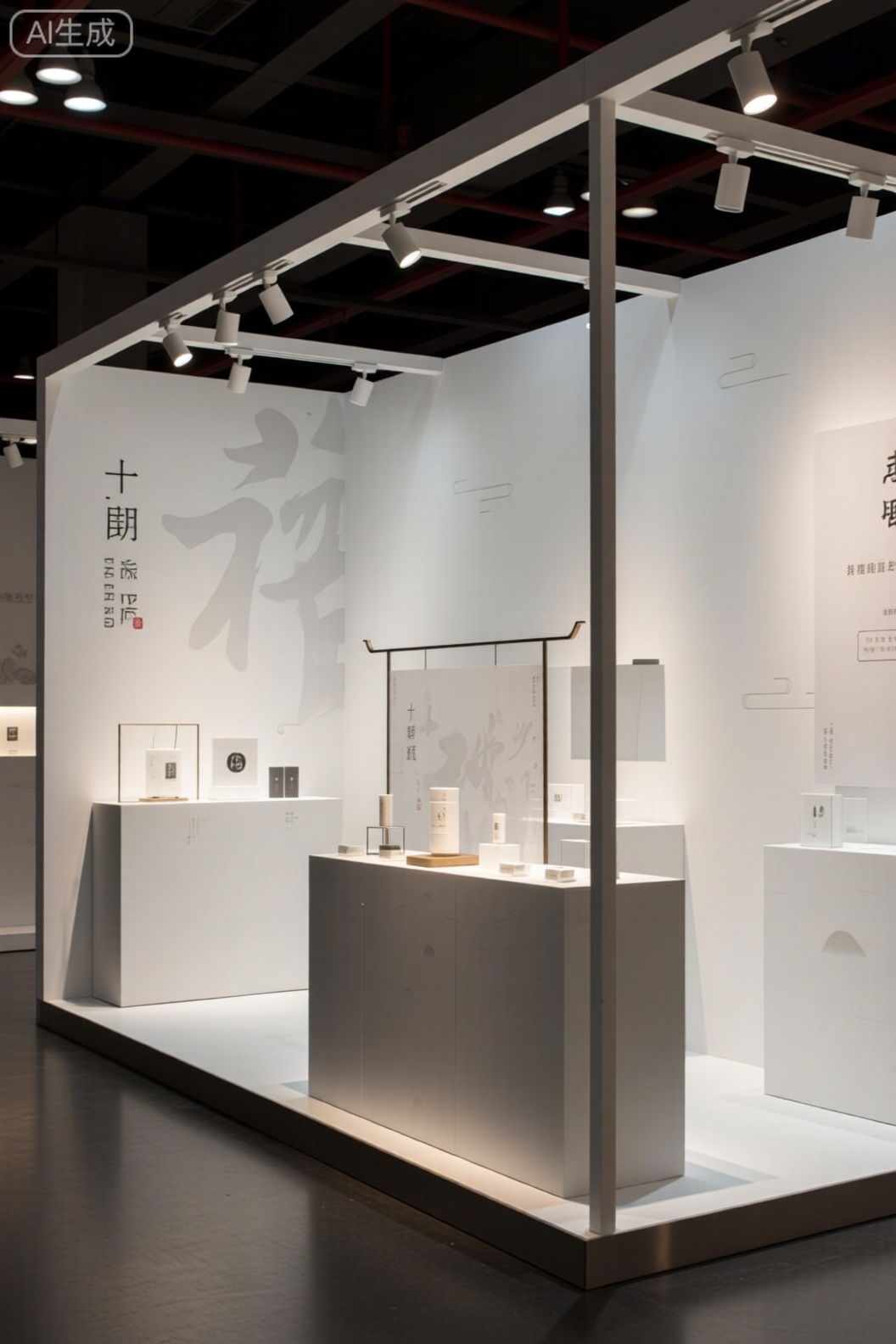 A minimalist Chinese e-commerce exhibition booth with clean lines and simple designs. The booth is elegantly lit from above, casting soft shadows. Products are arranged neatly on sleek shelves, with a few key items highlighted in brighter lights. The background features subtle traditional Chinese patterns in muted colors, creating a harmonious blend of modern simplicity and cultural heritage.