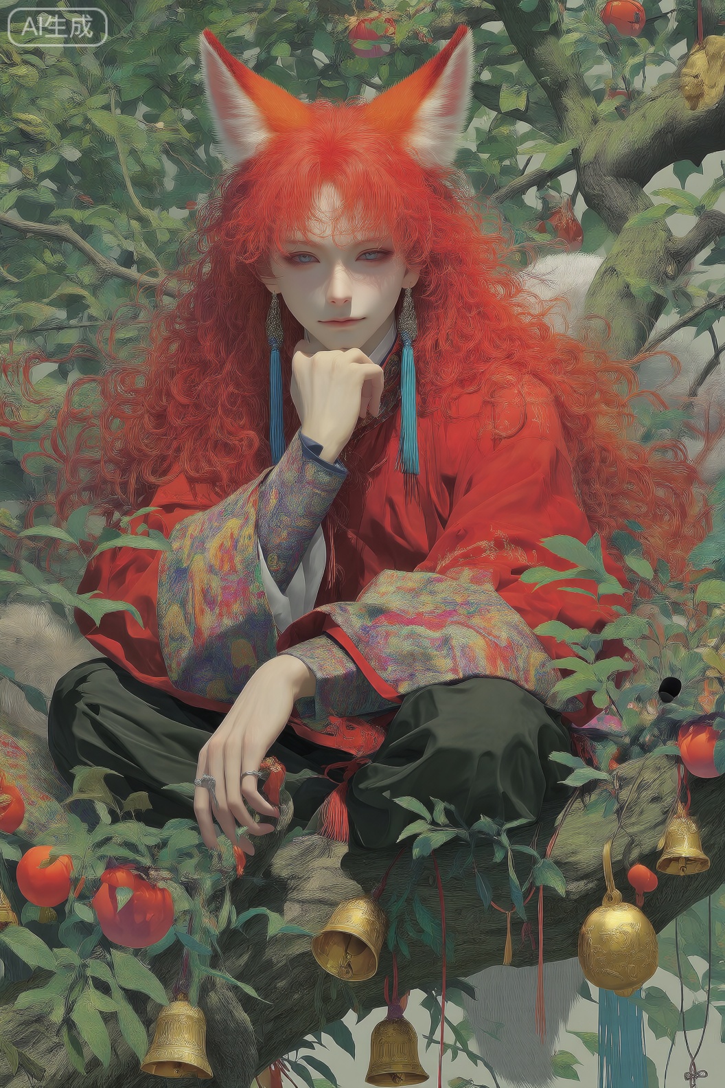 ysmx,杰作,最佳质量,高度细节,国风奇幻风格。主体是一位带有红狐耳、红色卷发的人物,身着红色传统服饰（袖口带有复杂的彩色刺绣,图案含龙纹等元素）,搭配蓝色流苏耳环；坐在枝叶繁茂的树枝上,周围点缀金色铃铛、红色果实（如柿子）等装饰；背景是绿色的树叶,整体色彩鲜艳,细节精致,光线柔和,突出毛发的蓬松感、服饰的刺绣质感与场景的灵动感,营造出神秘的东方奇幻氛围。
