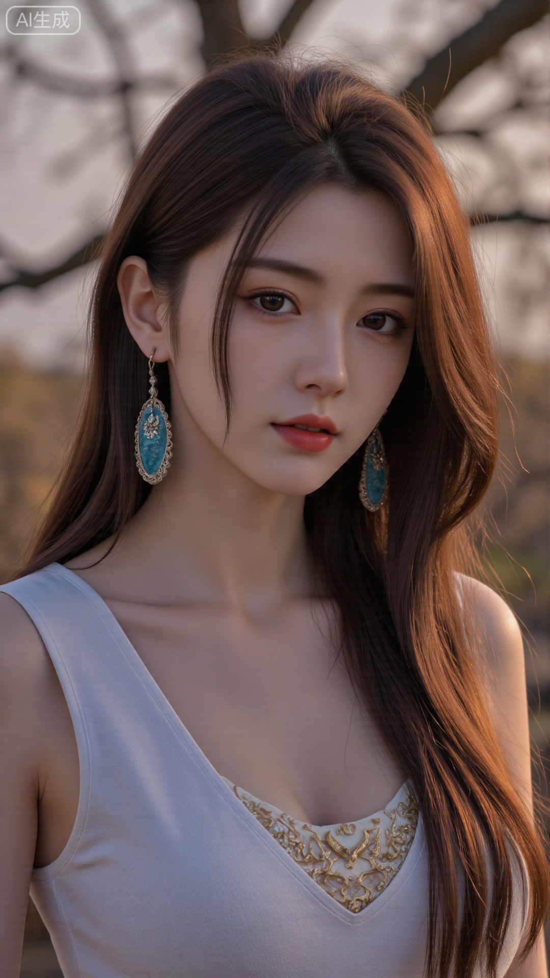  a asian woman, sexy long hair, blue eyes, charming and seductive temperament, distant close-up, golden ratio, movie texture, minimalism, high-end feeling, strong contrast between cold and warm, outdoor scenes, 