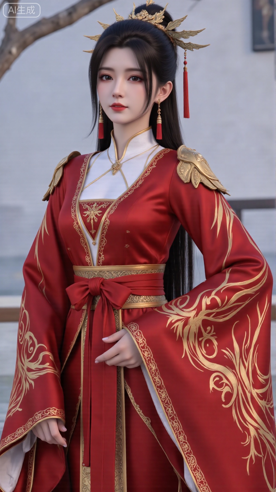 1girl, red dress, solo, hair ornament, black hair, chinese clothes, earrings, dress, jewelry, long sleeves, long hair, mischevious smile, perfect body, scenery, sharp focus, best quality, masterpiece, detailed outfit, illustration, perfect eyes, finely detailed beautiful anime eyes, realistic skin, intricate details, best lighting, depth of field, ultra high resolution,cowboy_shot