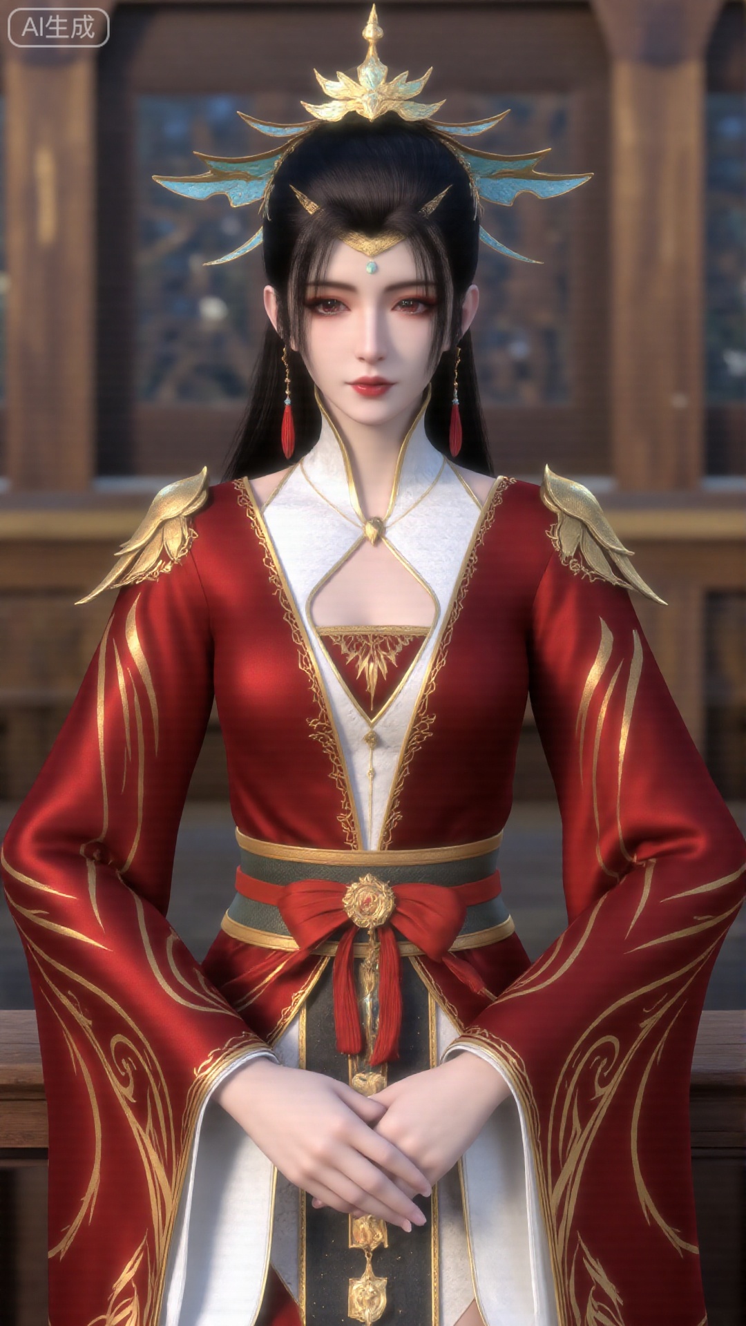 1girl, red dress, solo, hair ornament, black hair, chinese clothes, earrings, dress, jewelry, long sleeves, long hair, mischevious smile, perfect body, scenery, sharp focus, best quality, masterpiece, detailed outfit, illustration, perfect eyes, finely detailed beautiful anime eyes, realistic skin, intricate details, best lighting, depth of field, ultra high resolution,sitting