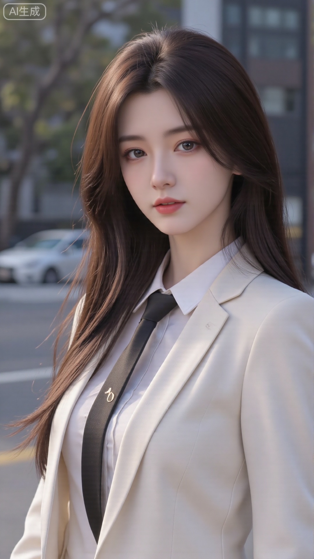 a asian woman, sexy long hair, blue eyes, charming and seductive temperament, distant close-up, golden ratio, movie texture, minimalism, high-end feeling, strong contrast between cold and warm, outdoor scenes, 