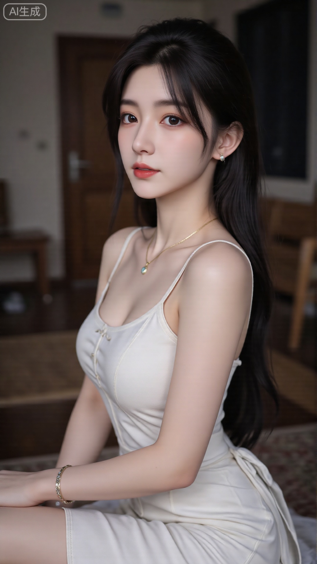 1girl, solo, long hair, breasts, looking at viewer, smile, bangs, dress, bare shoulders, jewelry, sitting, very long hair, closed mouth, white dress, bracelet, Light, shadow
,best quality,depth of field,cinematic lighting,light particles,impactful picture,offcial art,movie perspective,high quality,extremely detailed,High Detail,(Tyndall Effect 1.4),cover art,extreme aesthetic,masterpiece,best quality,good quality,newest,Visual impact,32K UHD,sharp focus